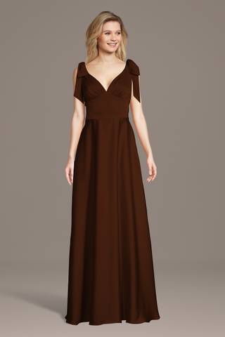 View Celebrate DB Studio Matte Satin Bow Shoulder A-Line Dress in all available color and sizes Picture of Matte Satin Bow Shoulder A-Line Dress