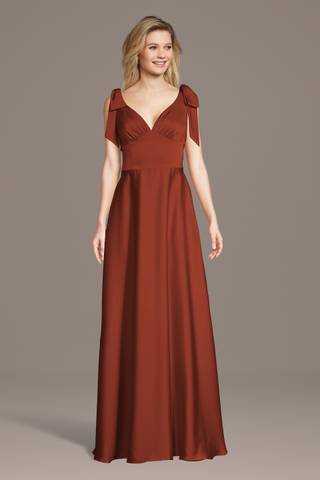 View Celebrate DB Studio Matte Satin Bow Shoulder A-Line Dress in all available color and sizes Picture of Matte Satin Bow Shoulder A-Line Dress