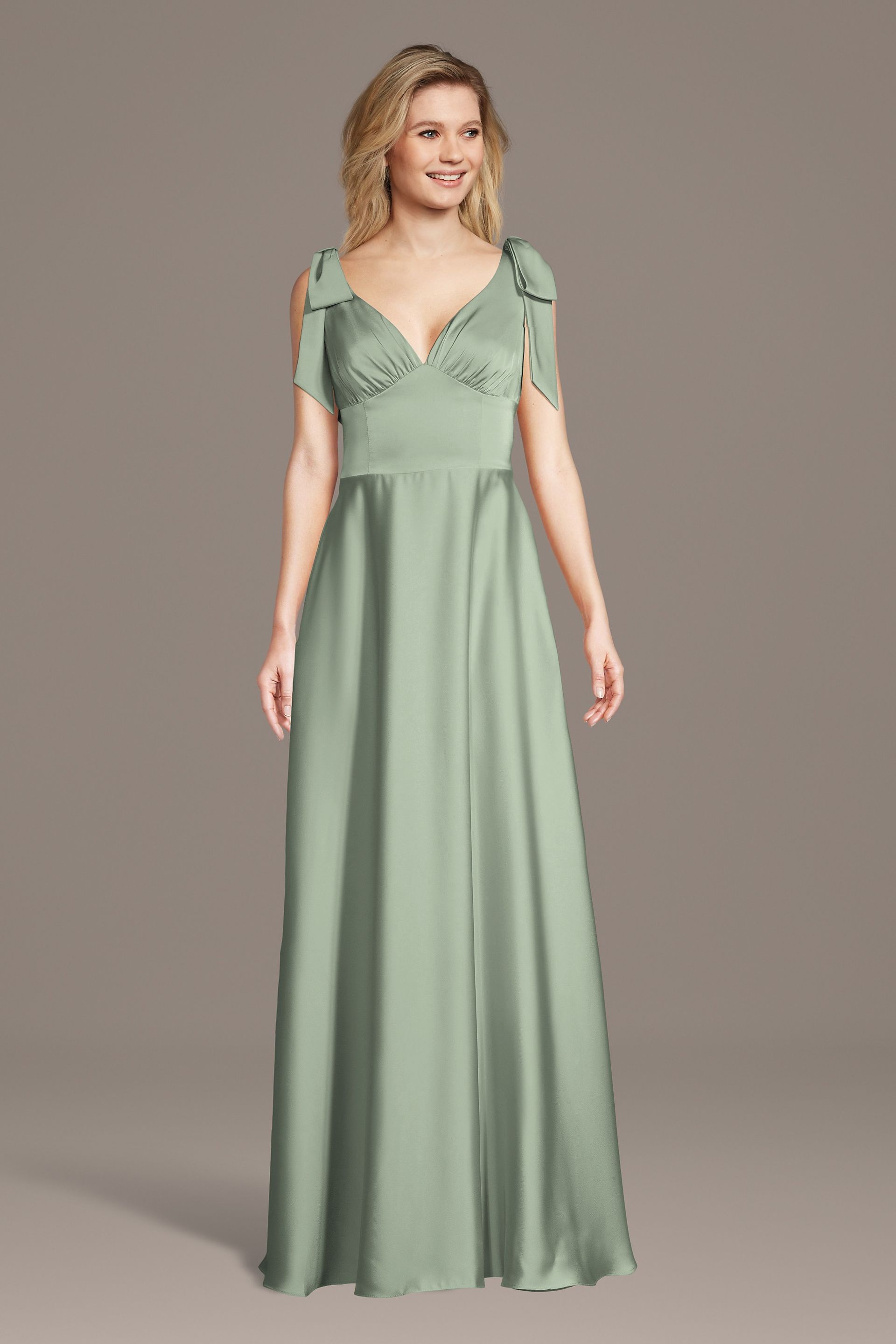 Celebrate DB Studio Matte Satin Bow Shoulder A-Line Dress in Dusty Sage Size: 2X David's Bridal