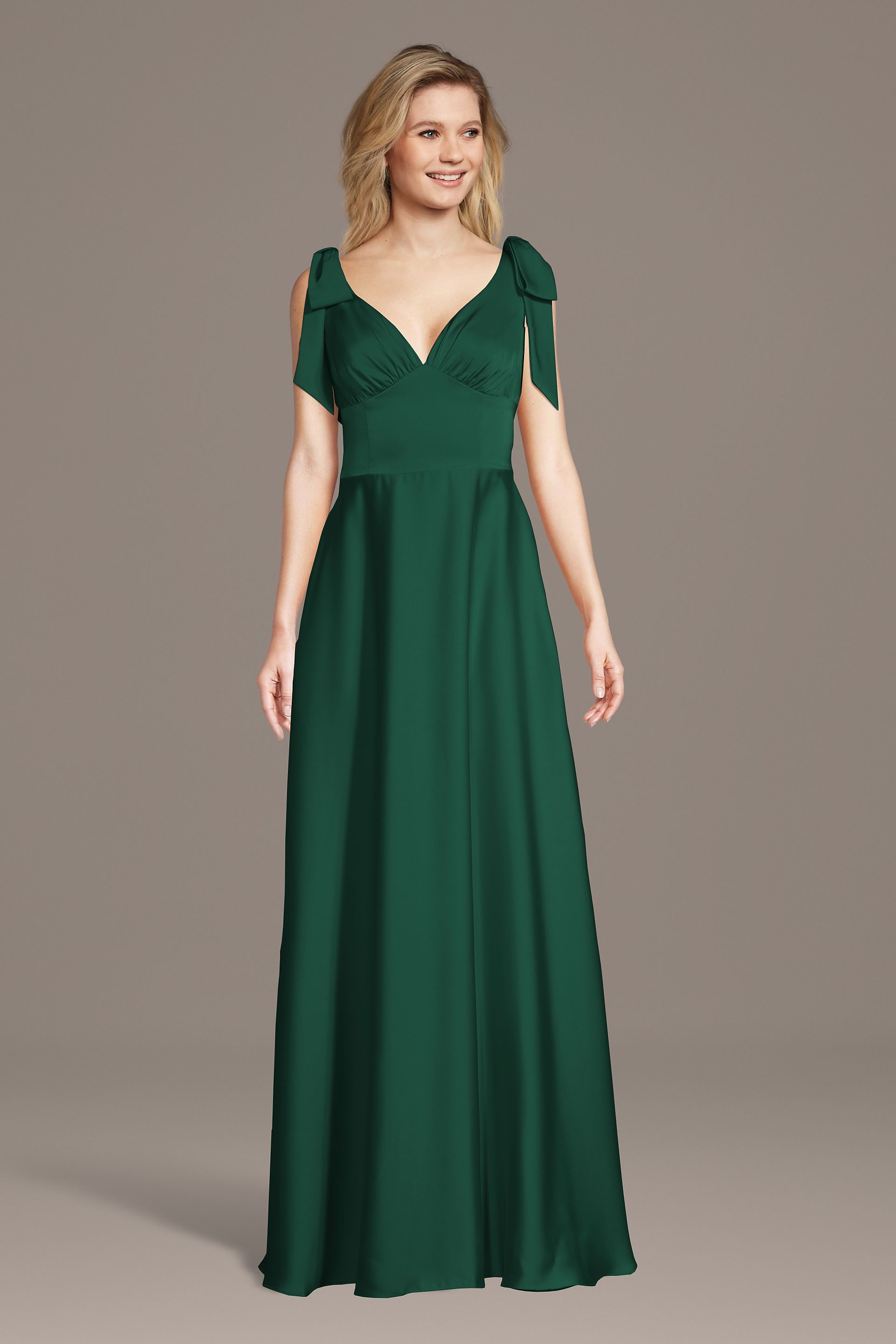 Celebrate DB Studio Matte Satin Bow Shoulder A-Line Dress in Juniper Size: 4X David's Bridal