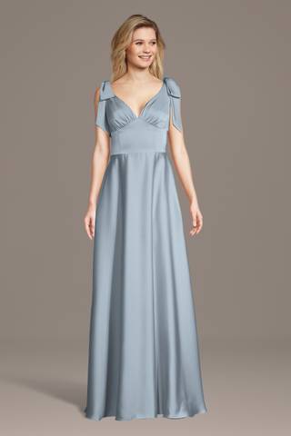 View Celebrate DB Studio Matte Satin Bow Shoulder A-Line Dress in all available color and sizes Picture of Matte Satin Bow Shoulder A-Line Dress