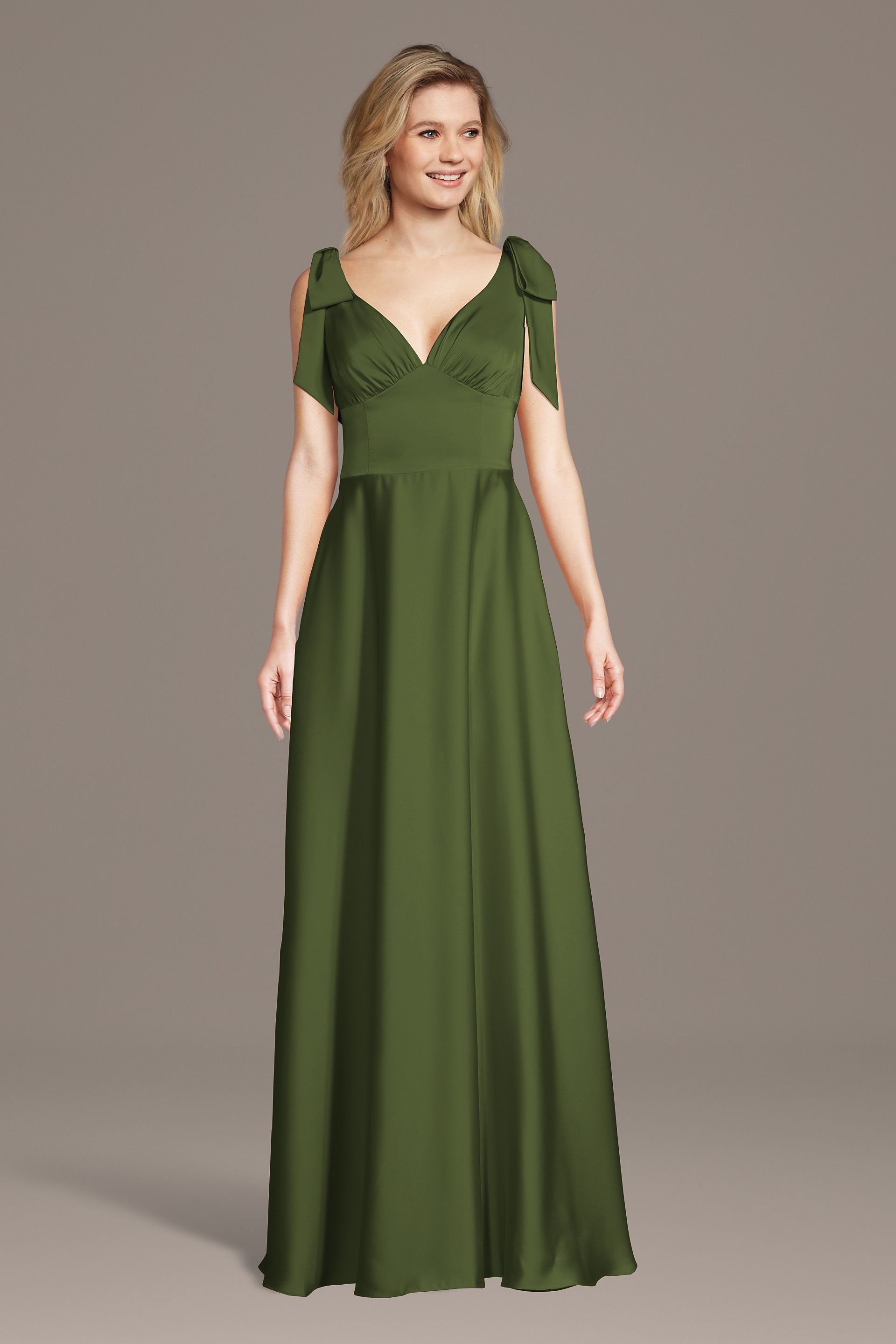 Celebrate DB Studio Matte Satin Bow Shoulder A-Line Dress in Martini Olive Size: 4X David's Bridal