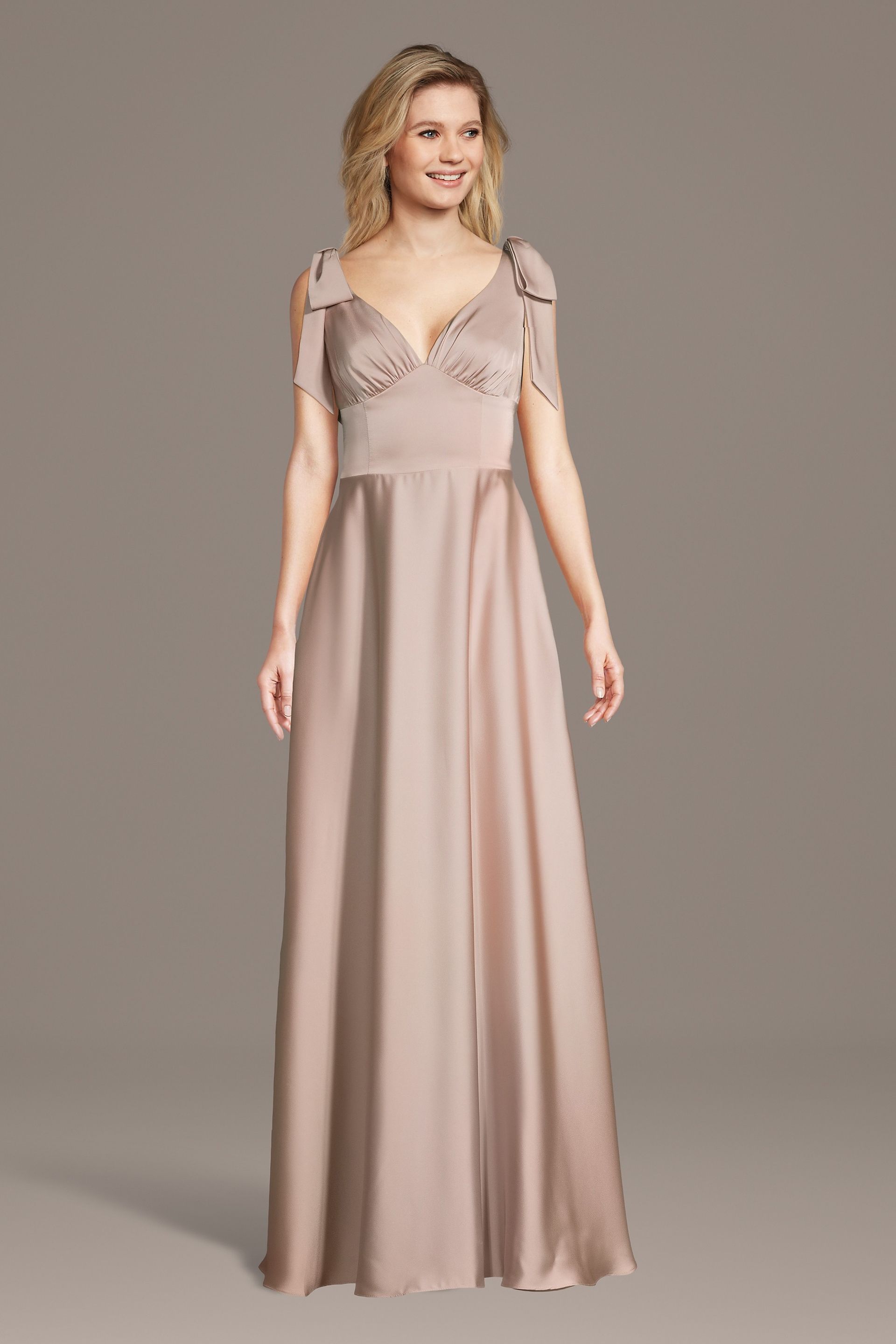 Celebrate DB Studio Matte Satin Bow Shoulder A-Line Dress in Sand Size: 4X David's Bridal