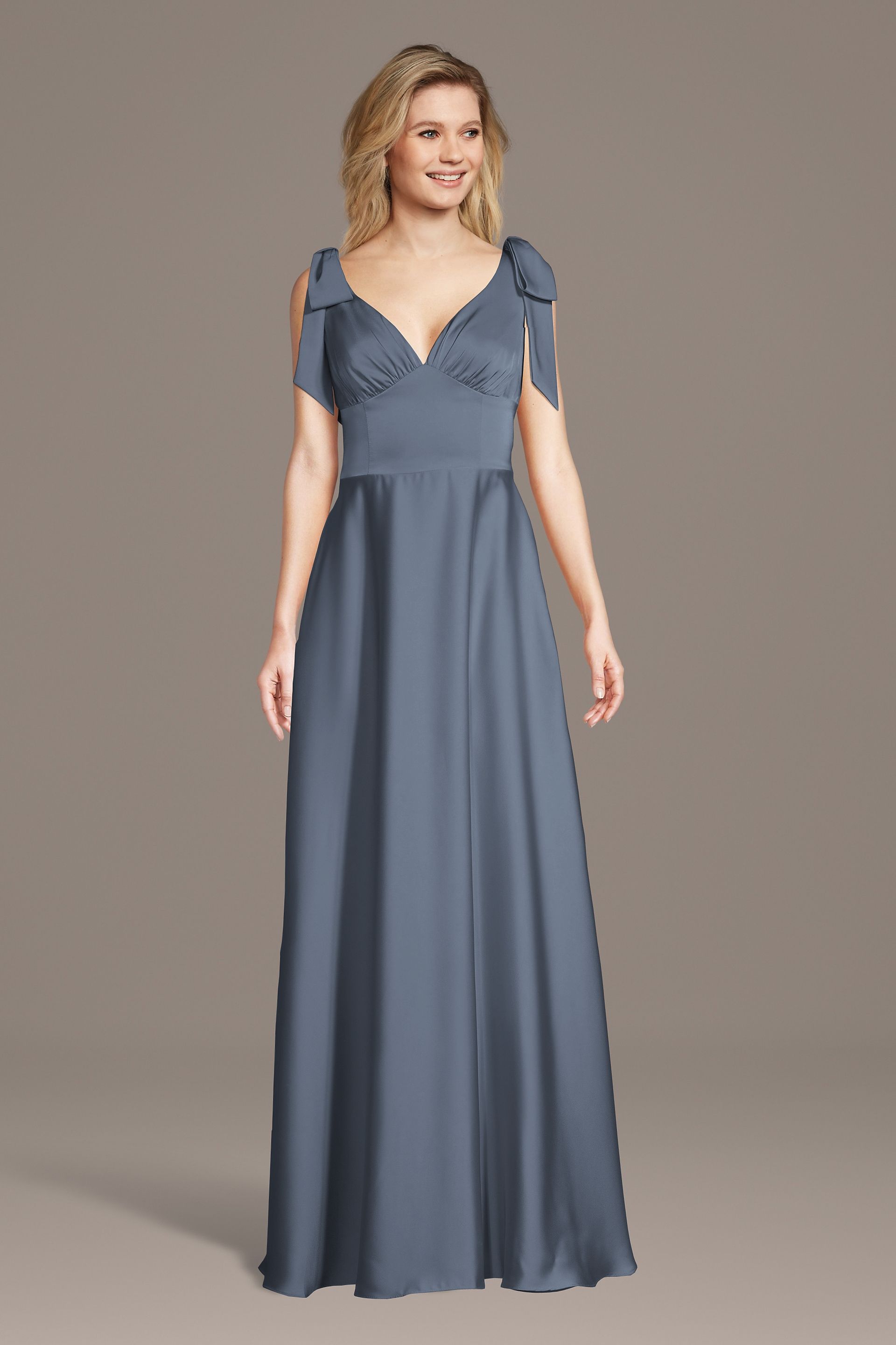 Celebrate DB Studio Matte Satin Bow Shoulder A-Line Dress in Steel Blue Size: 1X David's Bridal