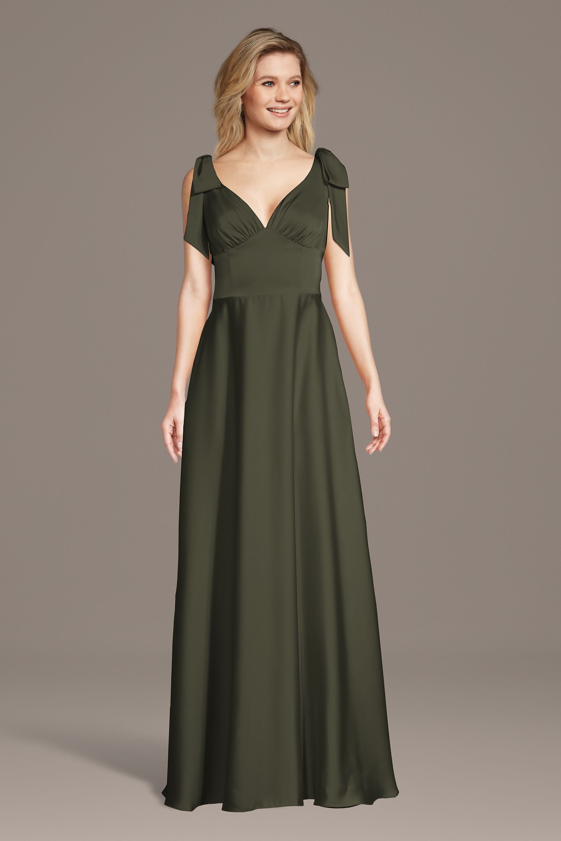 Celebrate DB Studio Matte Satin Bow Shoulder A-Line Dress in Evergreen Size: 3X David's Bridal