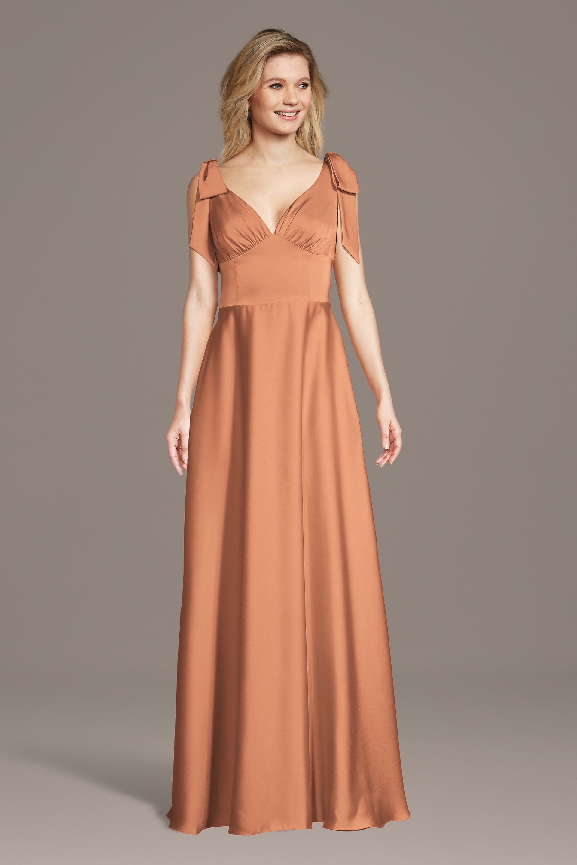 Celebrate DB Studio Matte Satin Bow Shoulder A-Line Dress in Terracotta Size: 4X David's Bridal