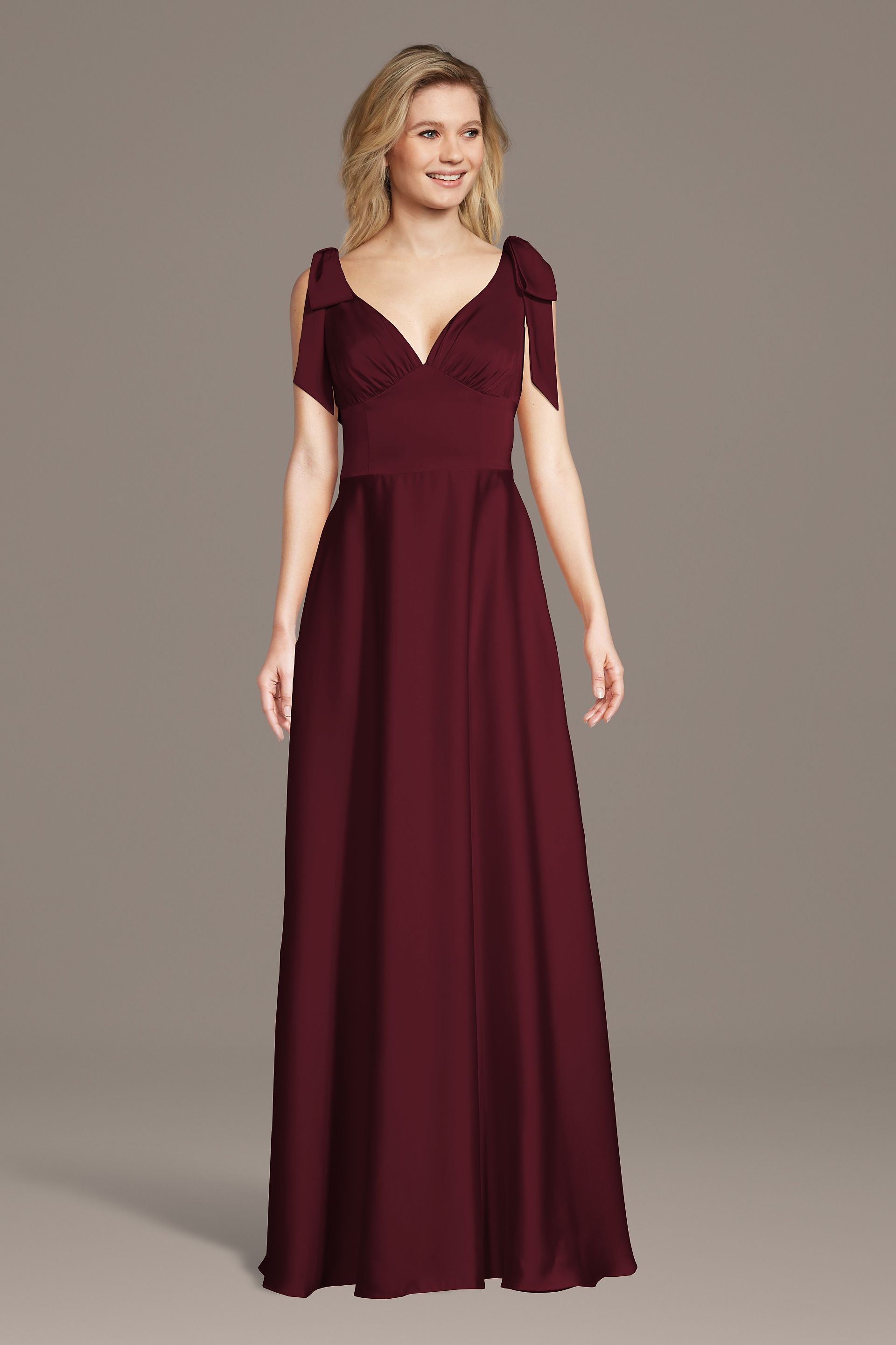Celebrate DB Studio Matte Satin Bow Shoulder A-Line Dress in Wine Size: 3X David's Bridal