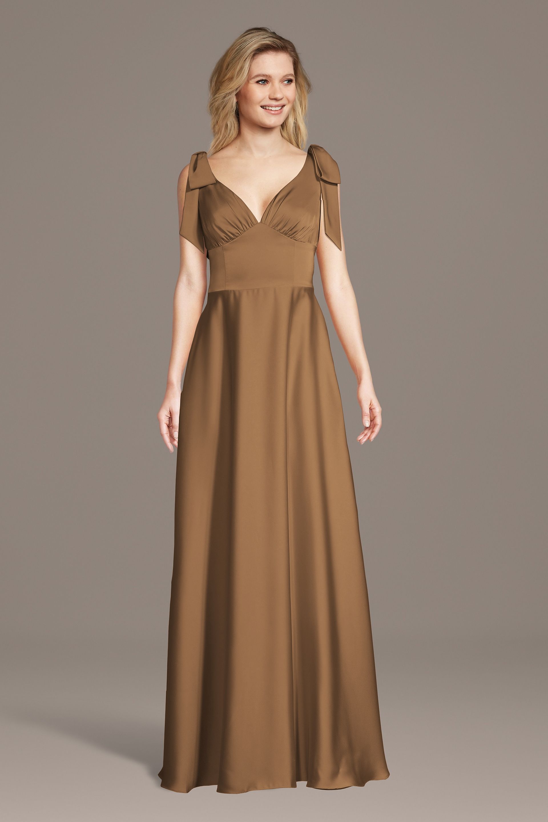 Celebrate DB Studio Matte Satin Bow Shoulder A-Line Dress in Latte Size: 3X David's Bridal
