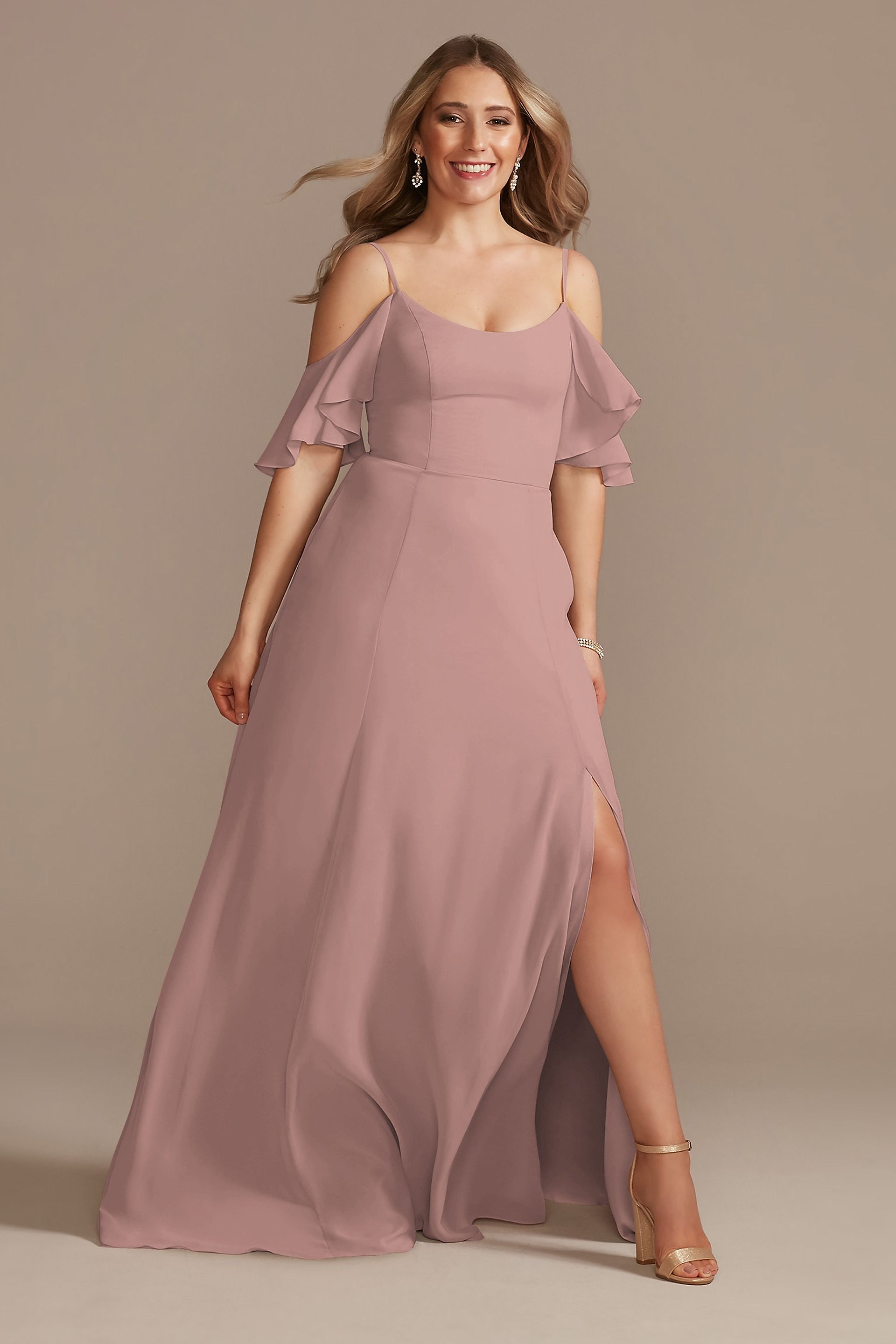 long brown dress with slit Halter Neck Maxi Drape And High Details avoid direct iron contact short sleeve dress Size:15m/2T Brown Puff Sleeve Dress