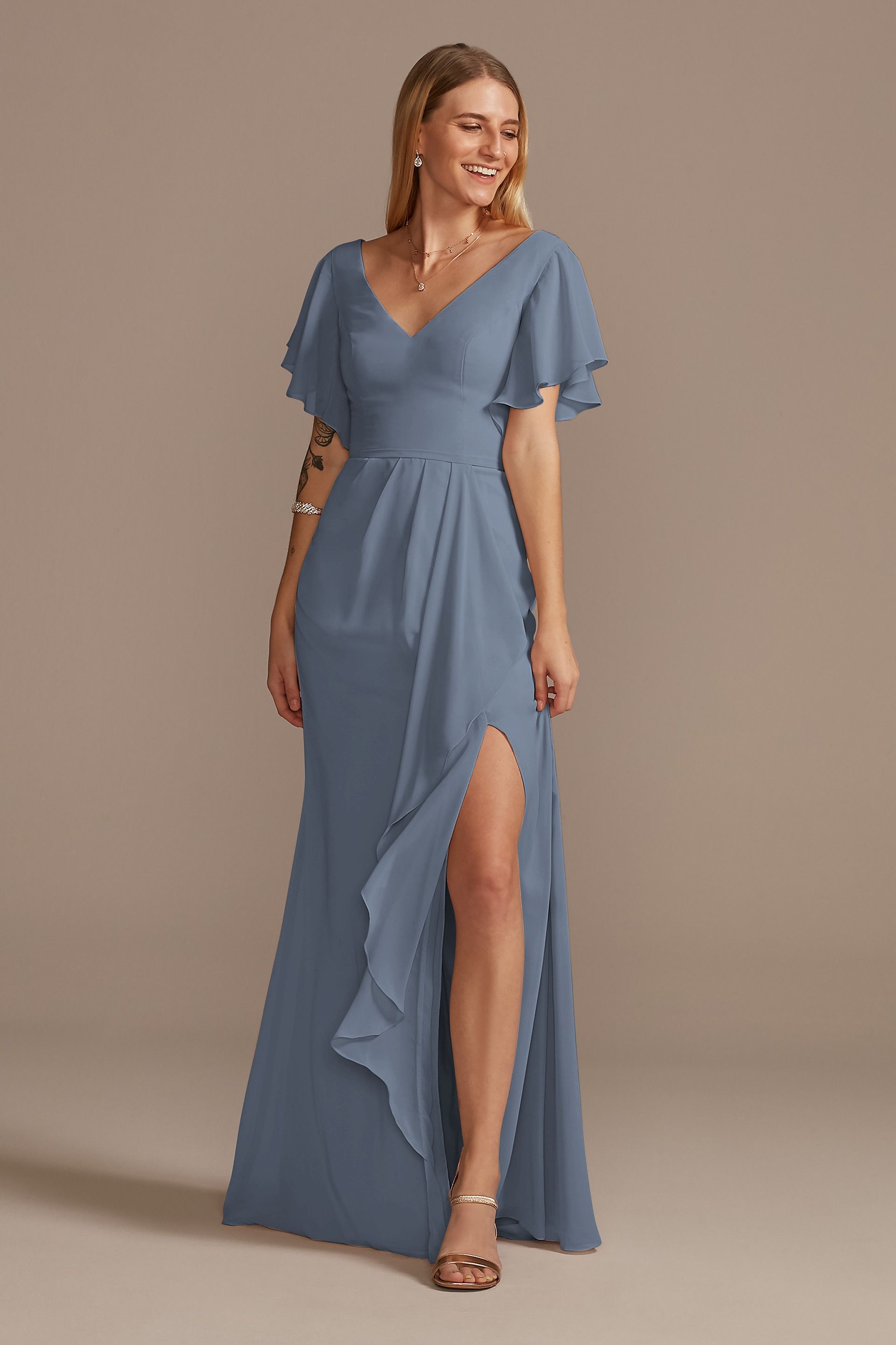 david's bridal flutter sleeve crisscross mesh bridesmaid dress with Cascade Size:XL(62.5-69kg; 175-178cm)