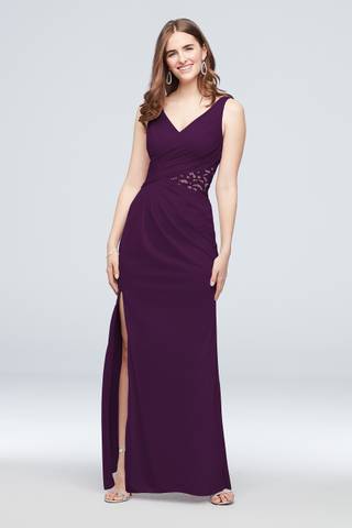 View David's Bridal Tank Mesh Bridesmaid Dress with Lace Inset in all available color and sizes Picture of Tank Mesh Bridesmaid Dress with Lace Inset