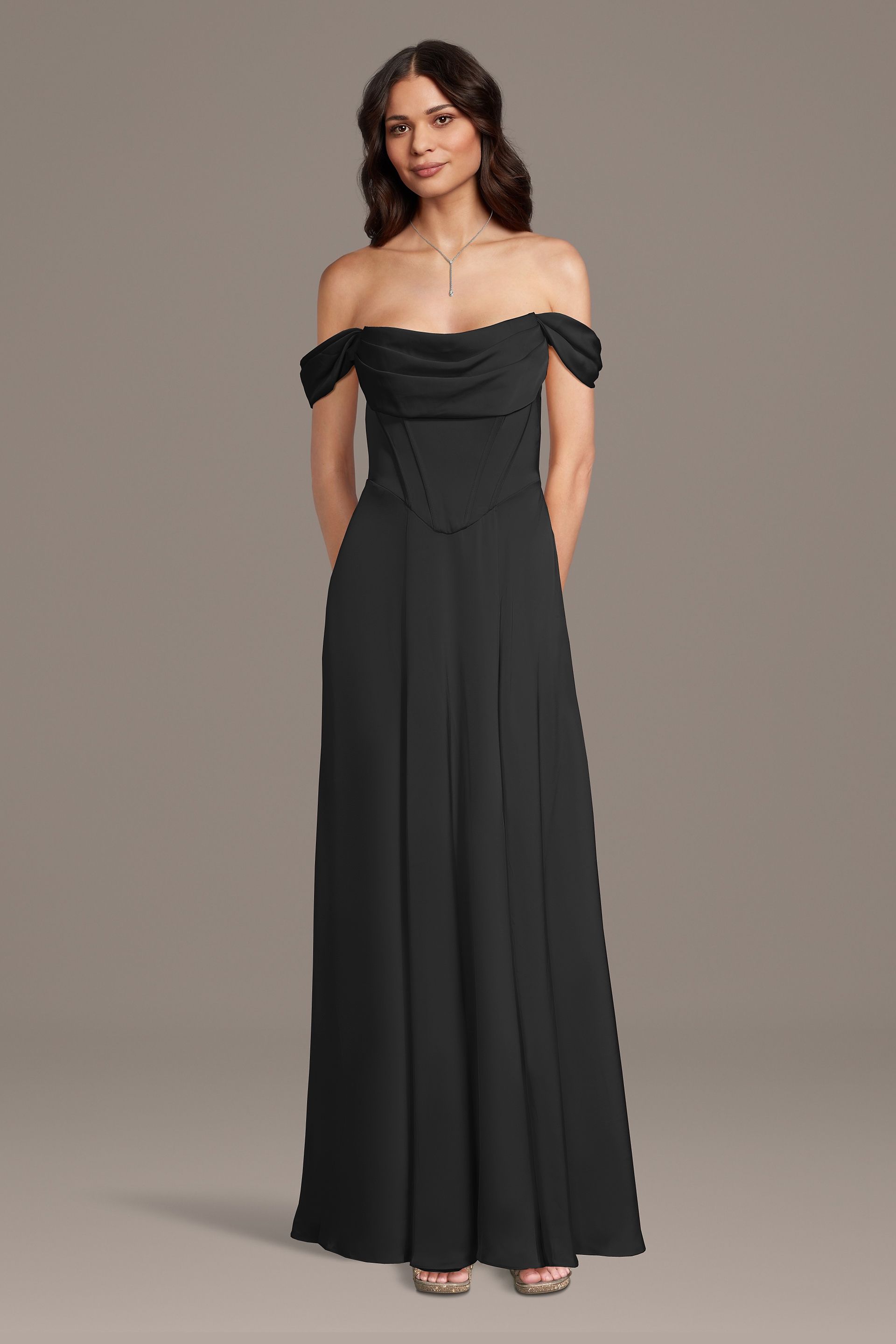 Galina Signature Matte Satin Basque Waist Off-The-Shoulder Dress in Black Size: 1X David's Bridal