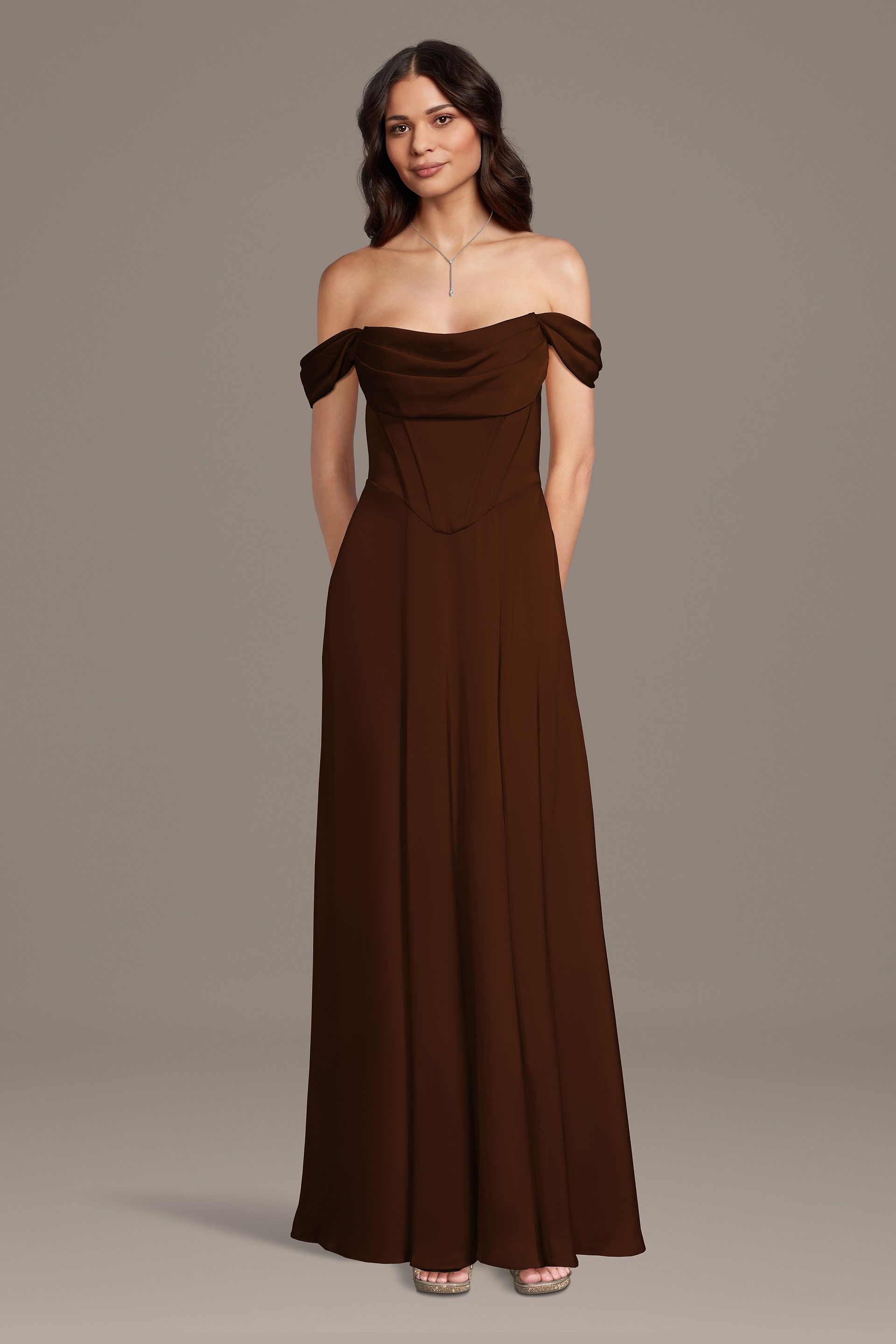 Galina Signature Matte Satin Basque Waist Off-The-Shoulder Dress in Chocolate Size: 2X David's Bridal