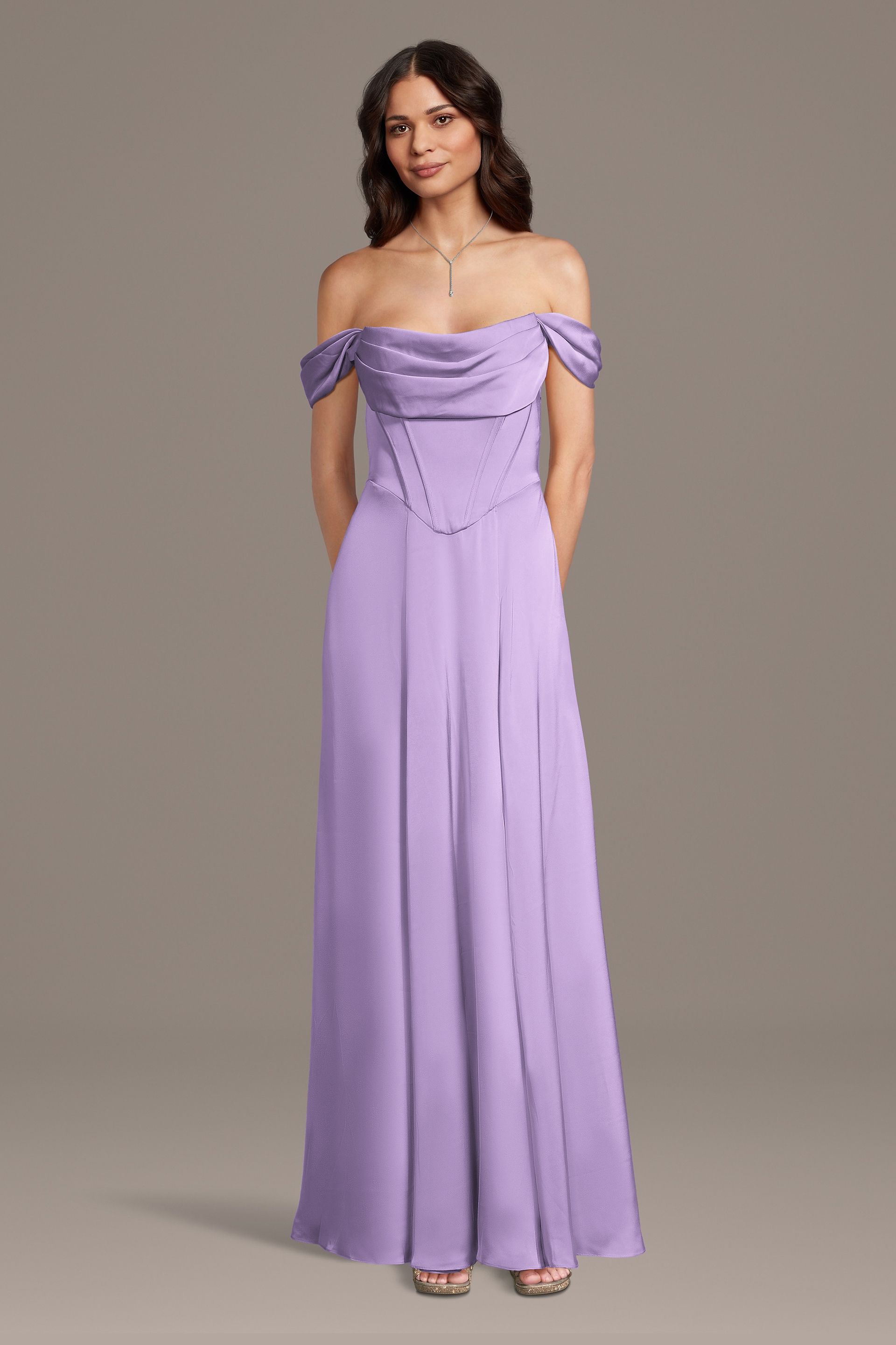 Galina Signature Matte Satin Basque Waist Off-The-Shoulder Dress in Lavender Size: Small David's Bridal