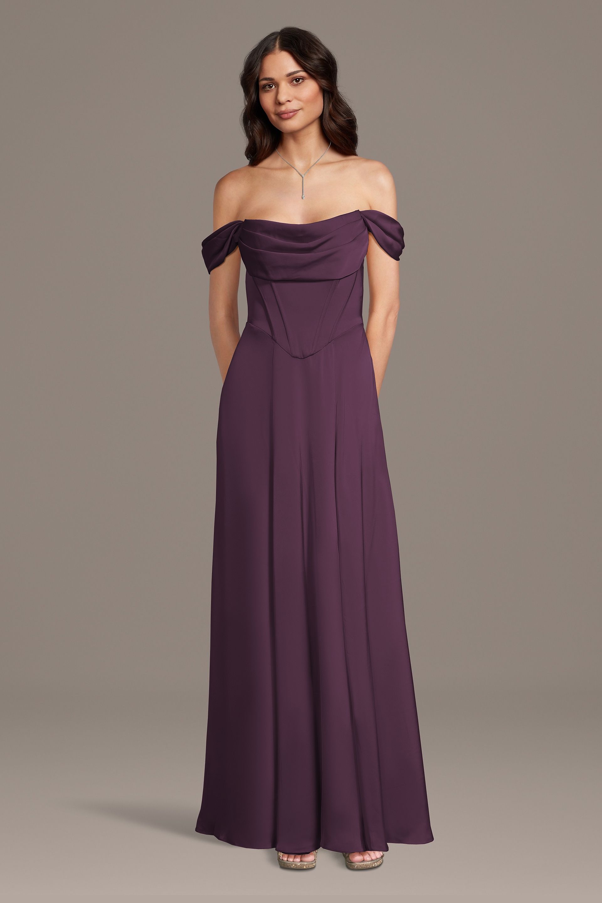 Galina Signature Matte Satin Basque Waist Off-The-Shoulder Dress in Amethyst Size: Small David's Bridal
