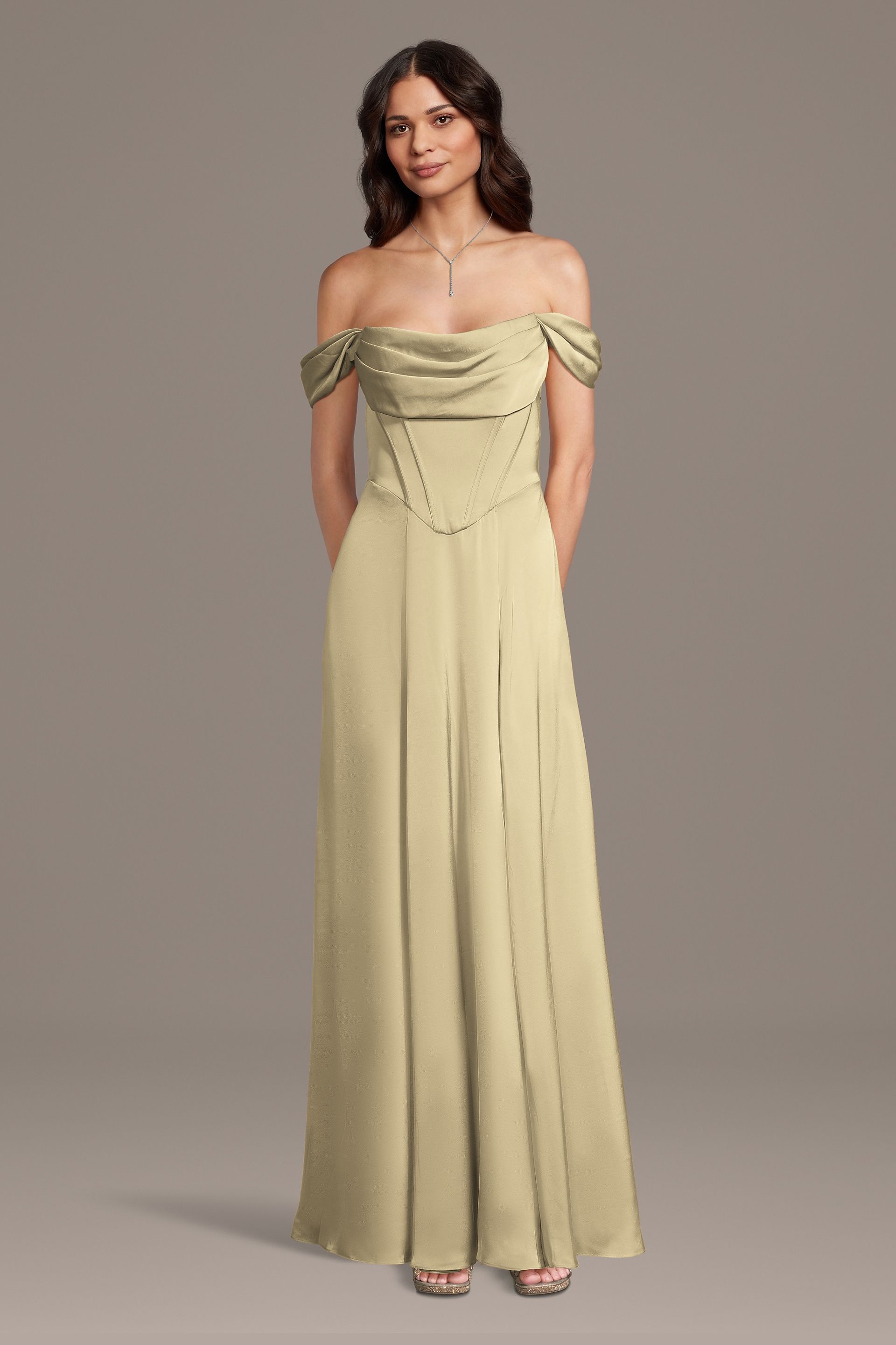 Galina Signature Matte Satin Basque Waist Off-The-Shoulder Dress in Champagne Size: 1X David's Bridal