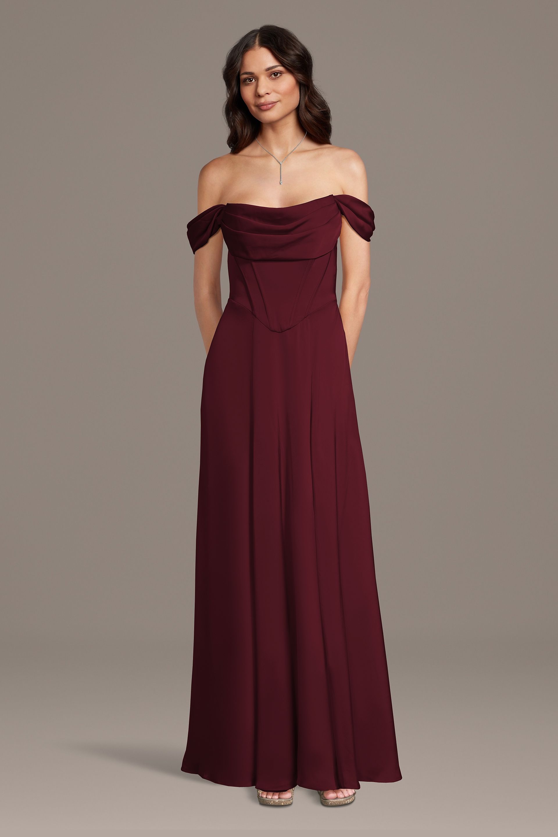 Galina Signature Matte Satin Basque Waist Off-The-Shoulder Dress in Wine Size: 4X David's Bridal