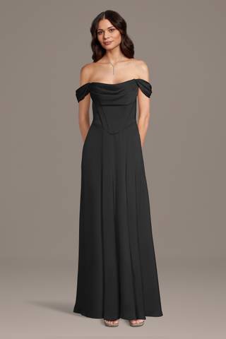Picture of Matte Satin Basque Waist Off-the-Shoulder Dress