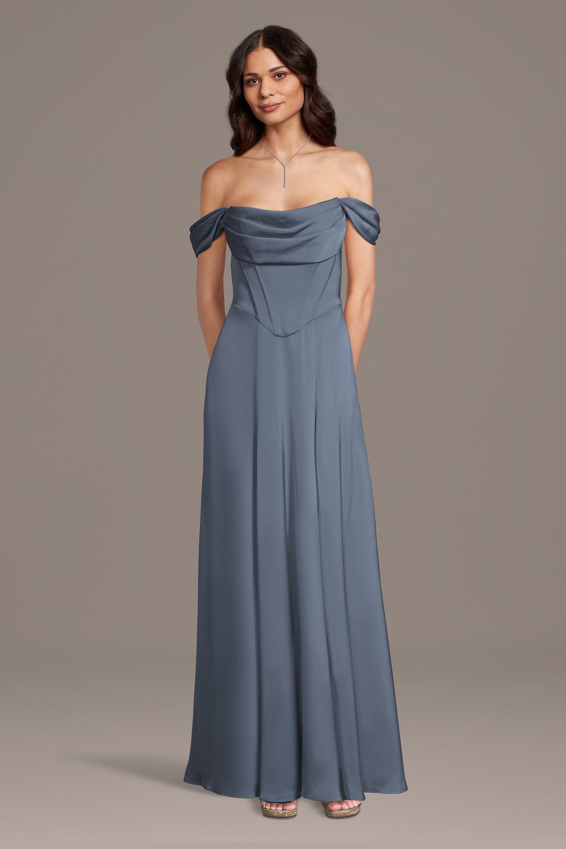 Galina Signature Matte Satin Basque Waist Off-The-Shoulder Dress in Steel Blue Size: 1X David's Bridal