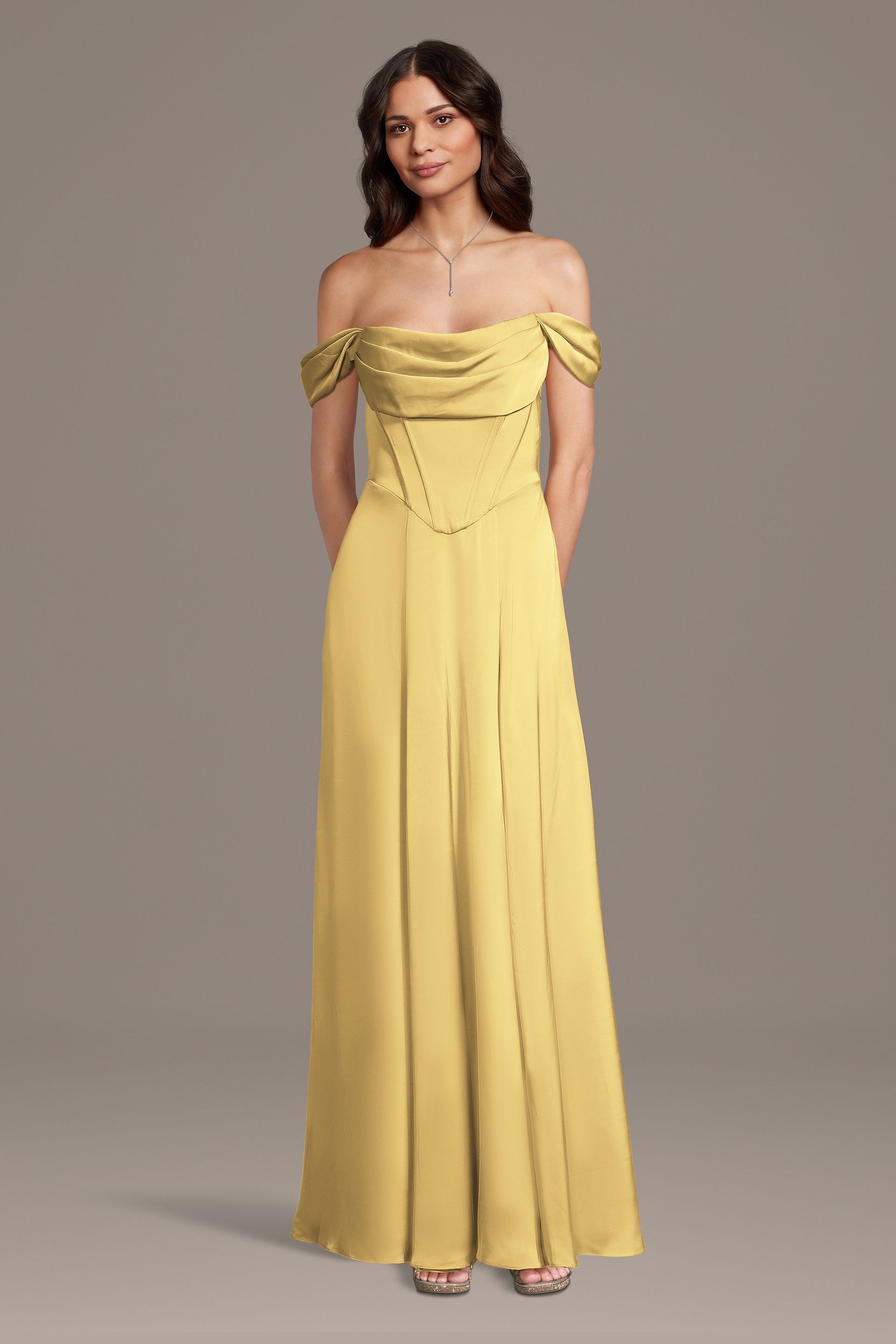 Galina Signature Matte Satin Basque Waist Off-The-Shoulder Dress in Pale Yellow Size: 2X David's Bridal