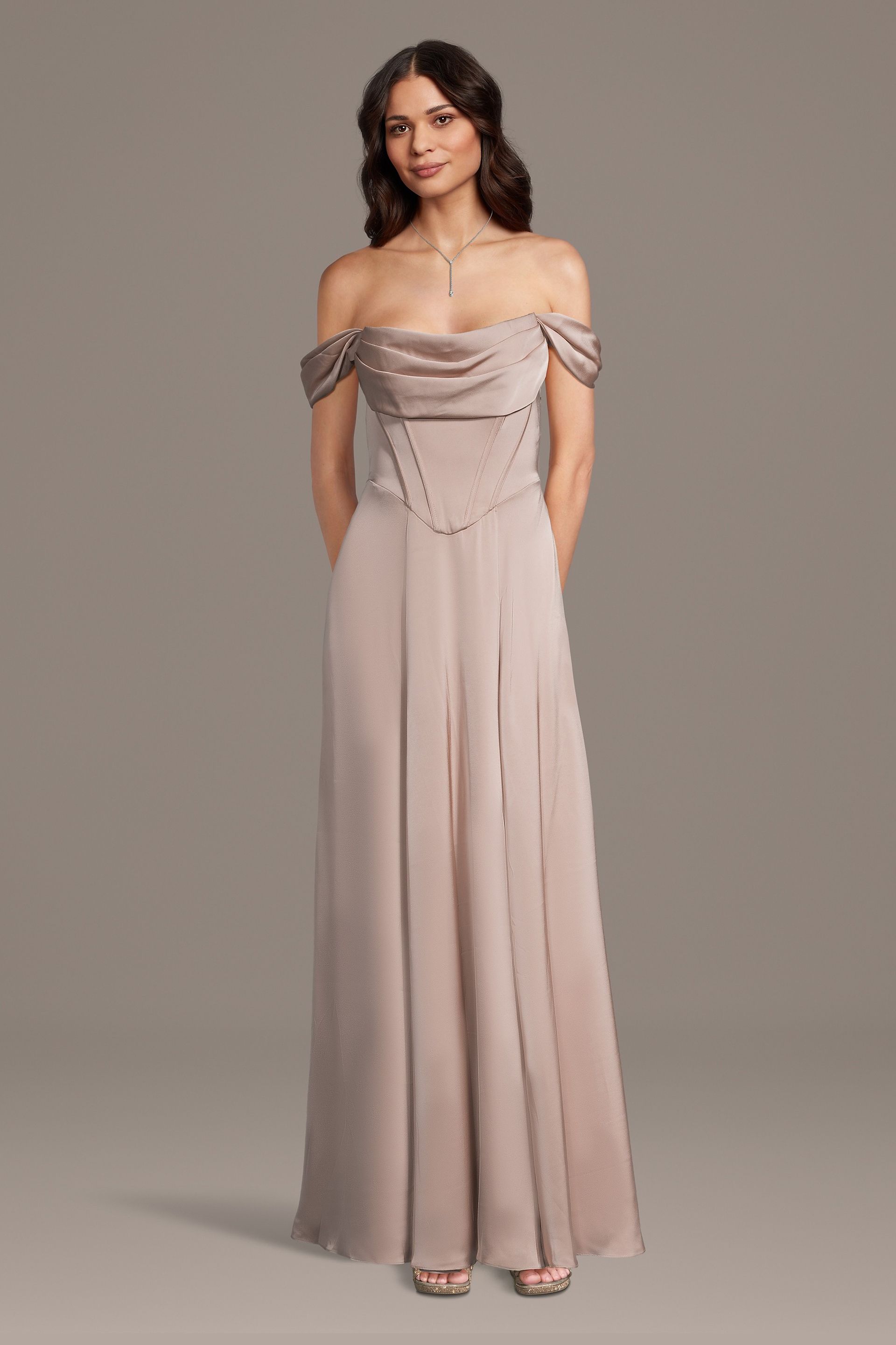 Galina Signature Matte Satin Basque Waist Off-The-Shoulder Dress in Sand Size: Medium David's Bridal