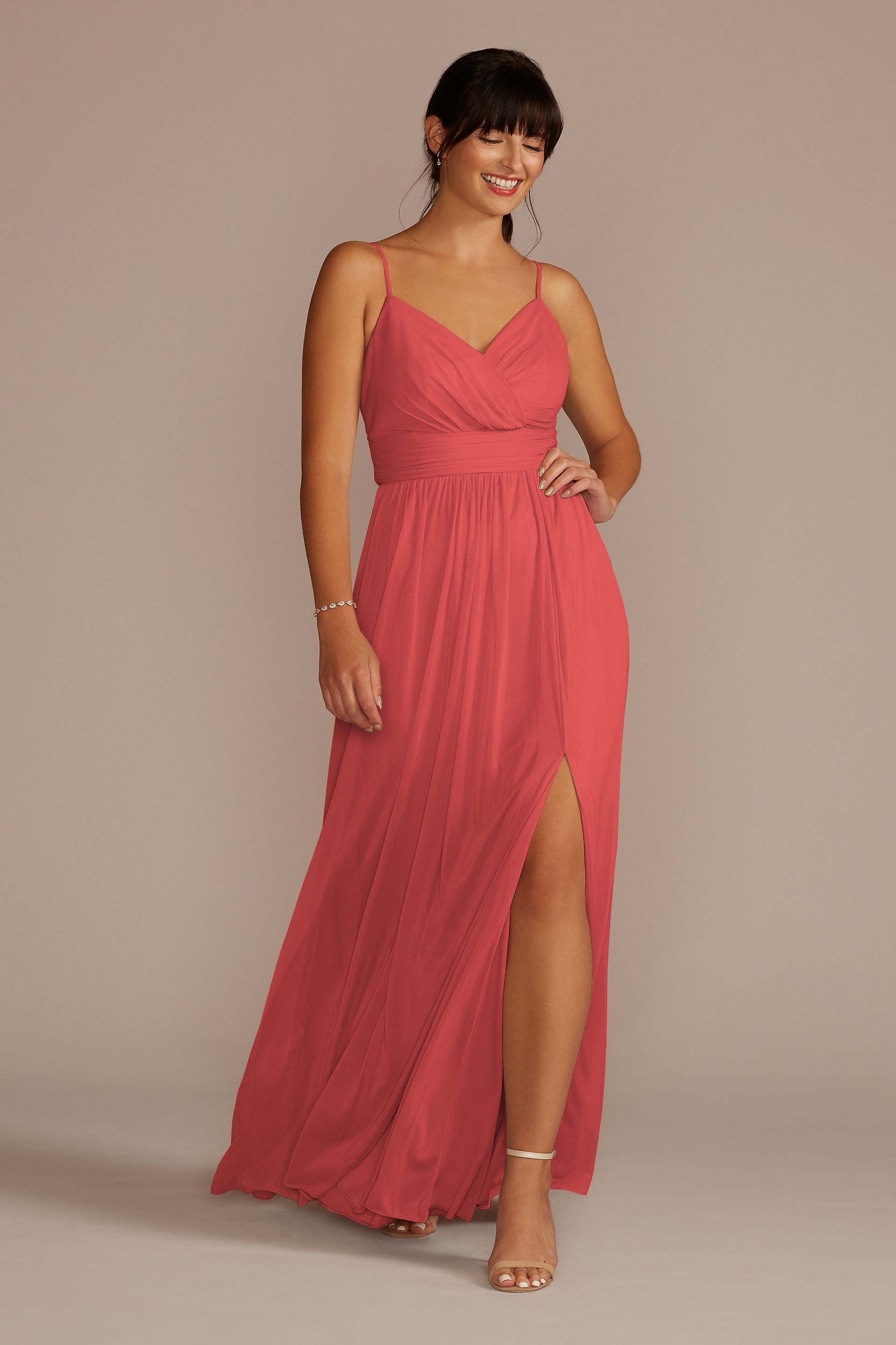 spaghetti strap mesh blouson bridesmaid dress Ruched Waist it has all the