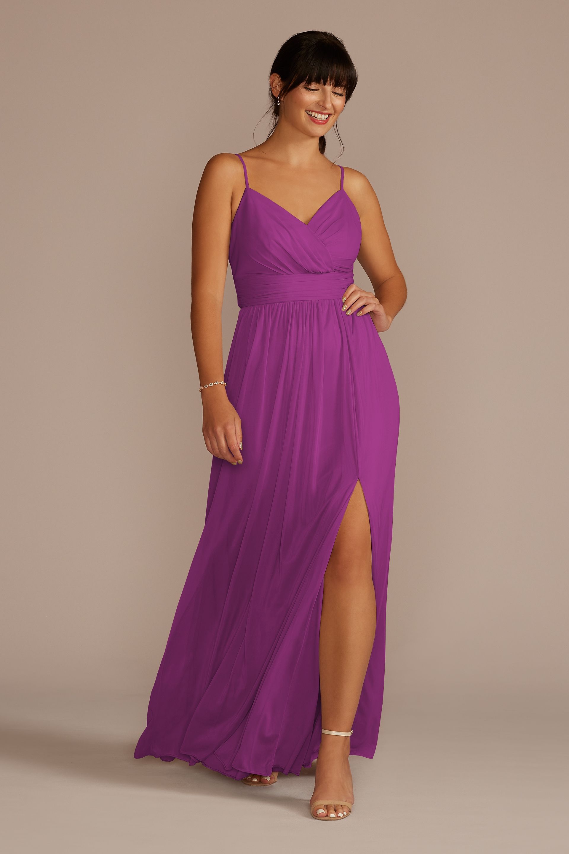 spaghetti strap ruched waist mesh bridesmaid dress Ruched Mesh Spaghetti Strap Dress