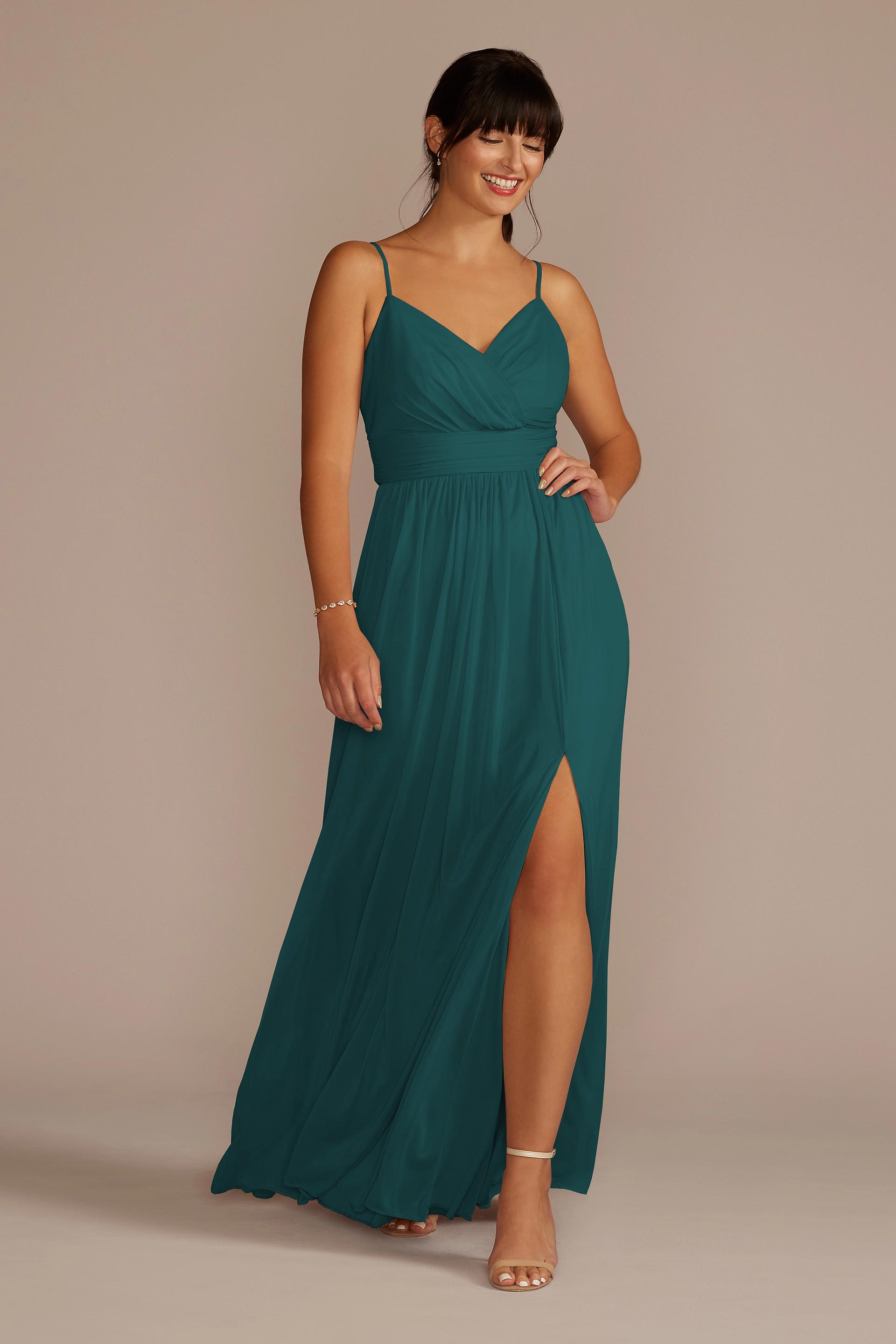 spaghetti strap ruched waist mesh bridesmaid dress Spaghetti Strap Ruched Waist Mesh Bridesmaid Dress