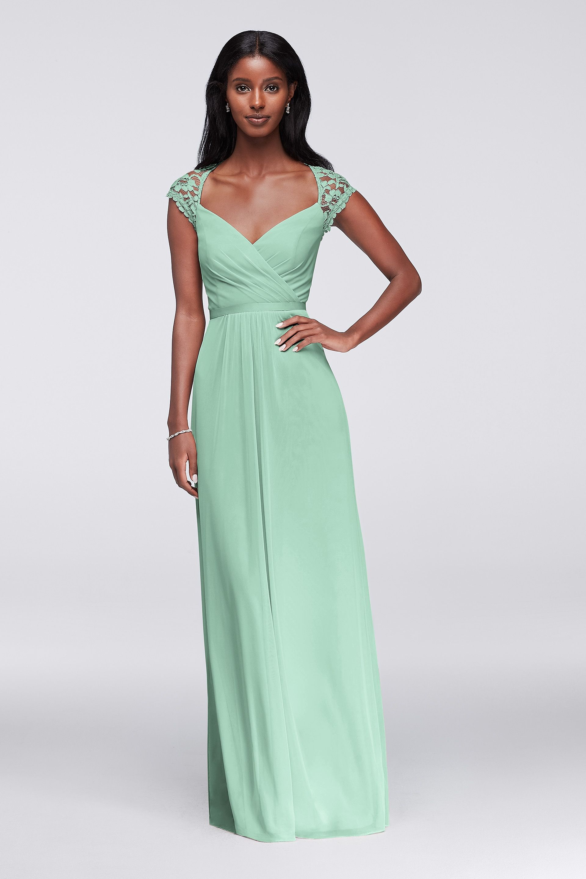 Long Mesh Dress with Lace Cap Sleeves | David's Bridal