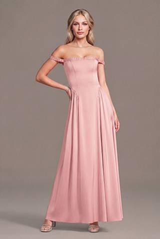 View Galina Signature Matte Satin Off-the-Shoulder A-Line Dress in all available color and sizes Picture of Matte Satin Off-the-Shoulder A-Line Dress