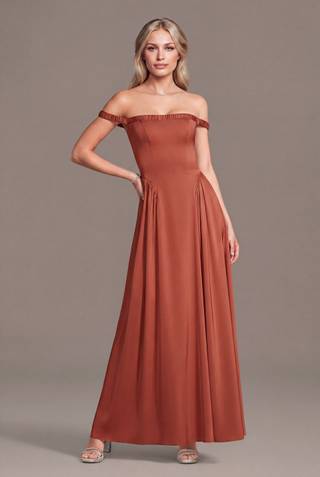 View Galina Signature Matte Satin Off-the-Shoulder A-Line Dress in all available color and sizes Picture of Matte Satin Off-the-Shoulder A-Line Dress