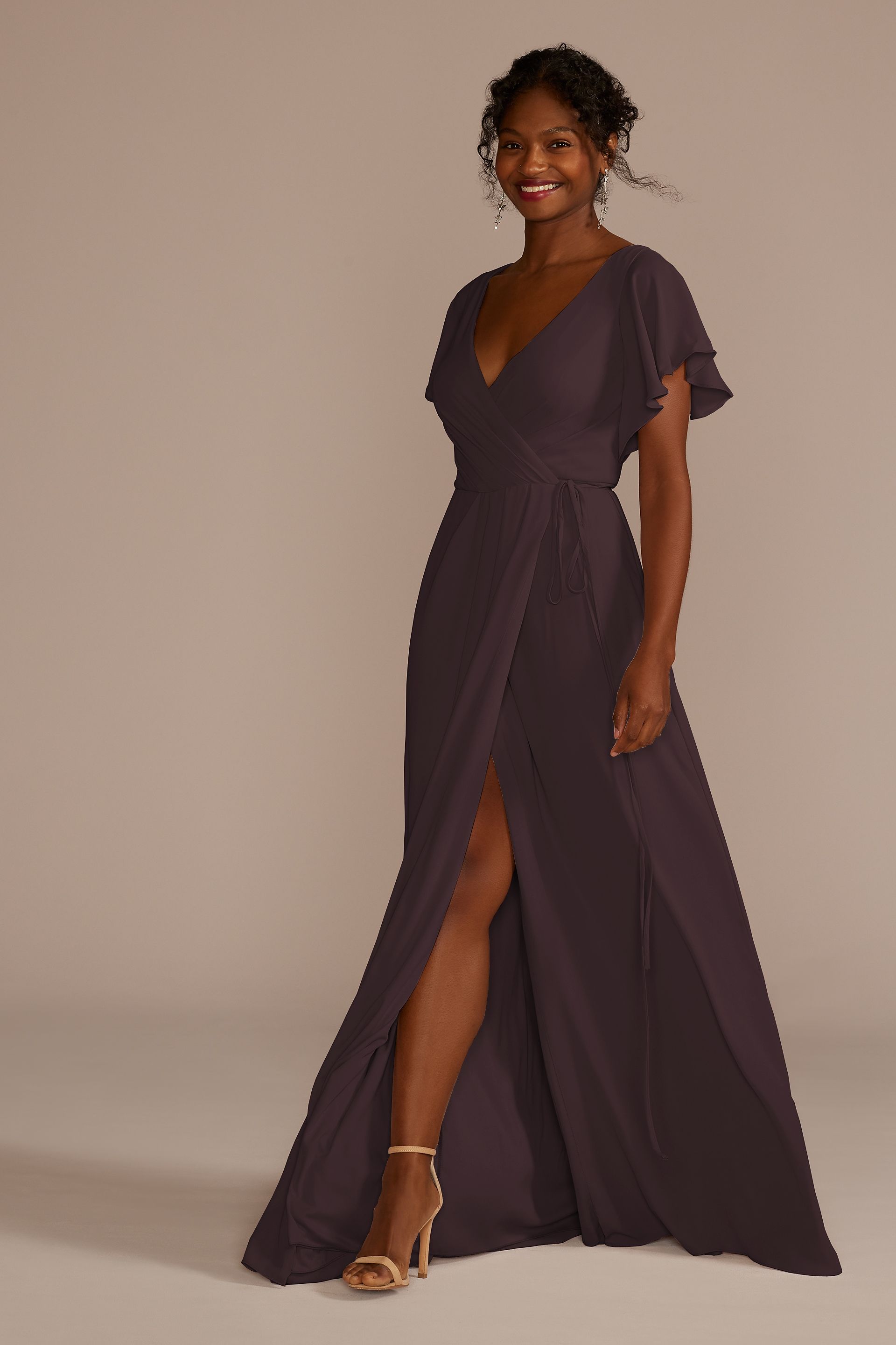 david's bridal wrap bridesmaid dress Flutter Sleeve Georgette Wrap Bridesmaid Dress