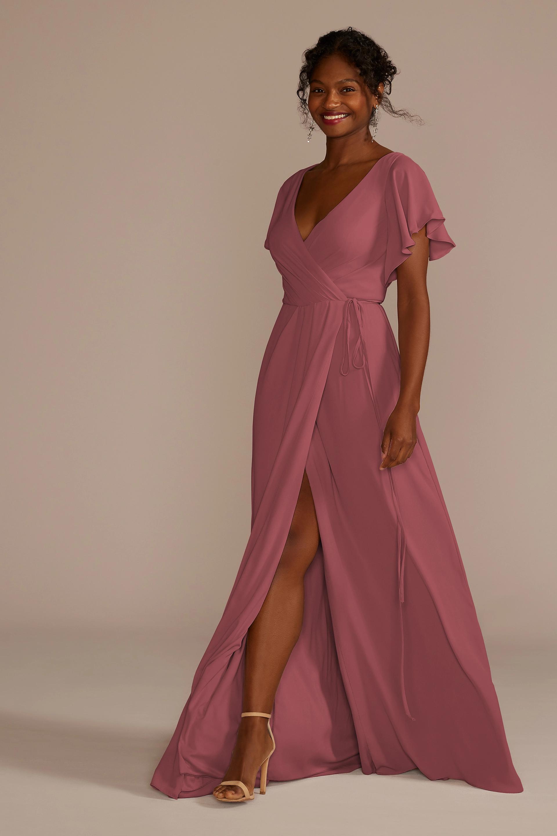 double strap long georgette bridesmaid wrap dress Flutter Sleeve Georgette Wrap Bridesmaid Dress