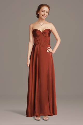 View Galina Signature Charmeuse Corset Bodice A-Line Dress in all available color and sizes Picture of Charmeuse Corset Bodice A-Line Dress