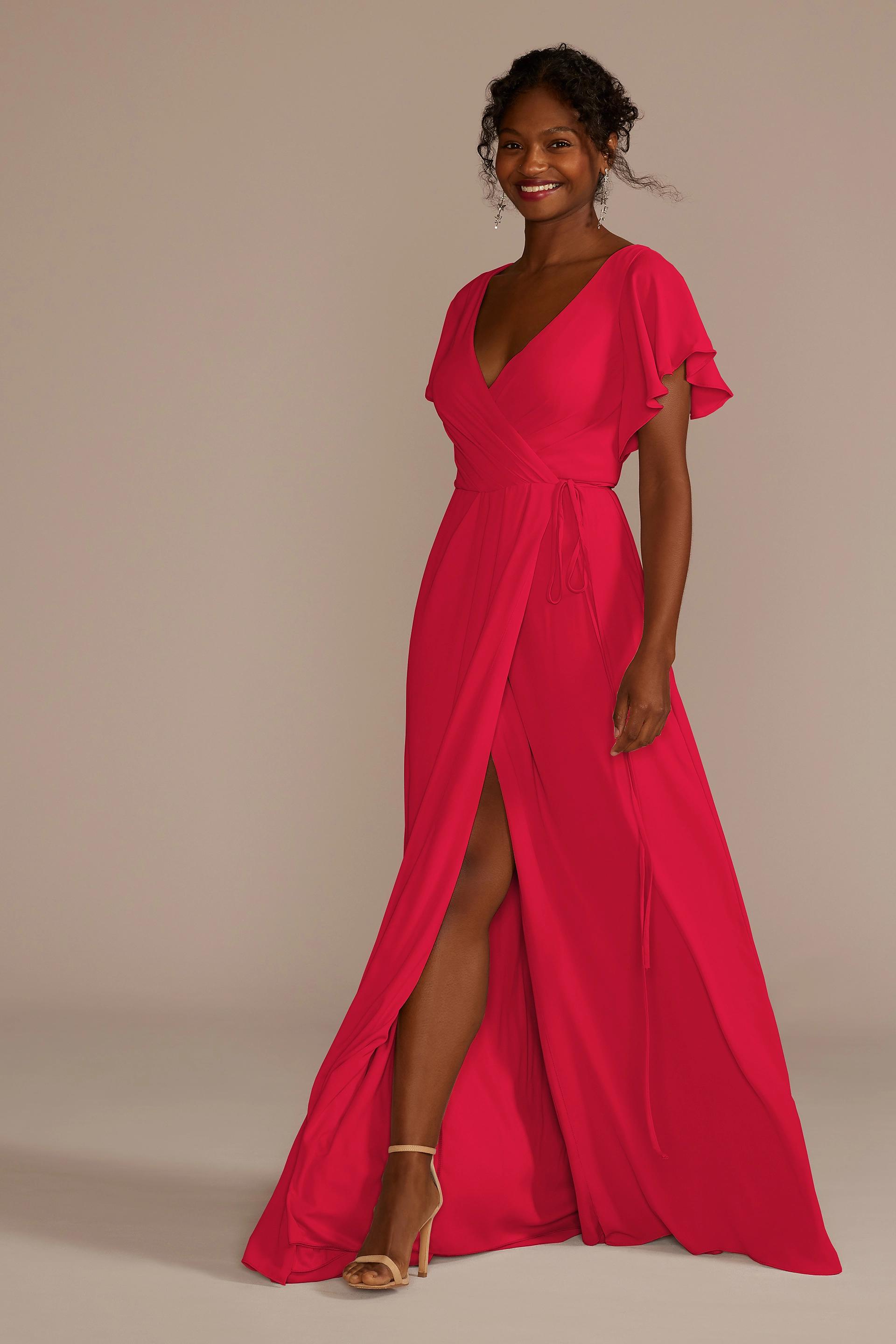david's bridal wrap bridesmaid dress Flutter Sleeve Georgette Wrap Bridesmaid Dress
