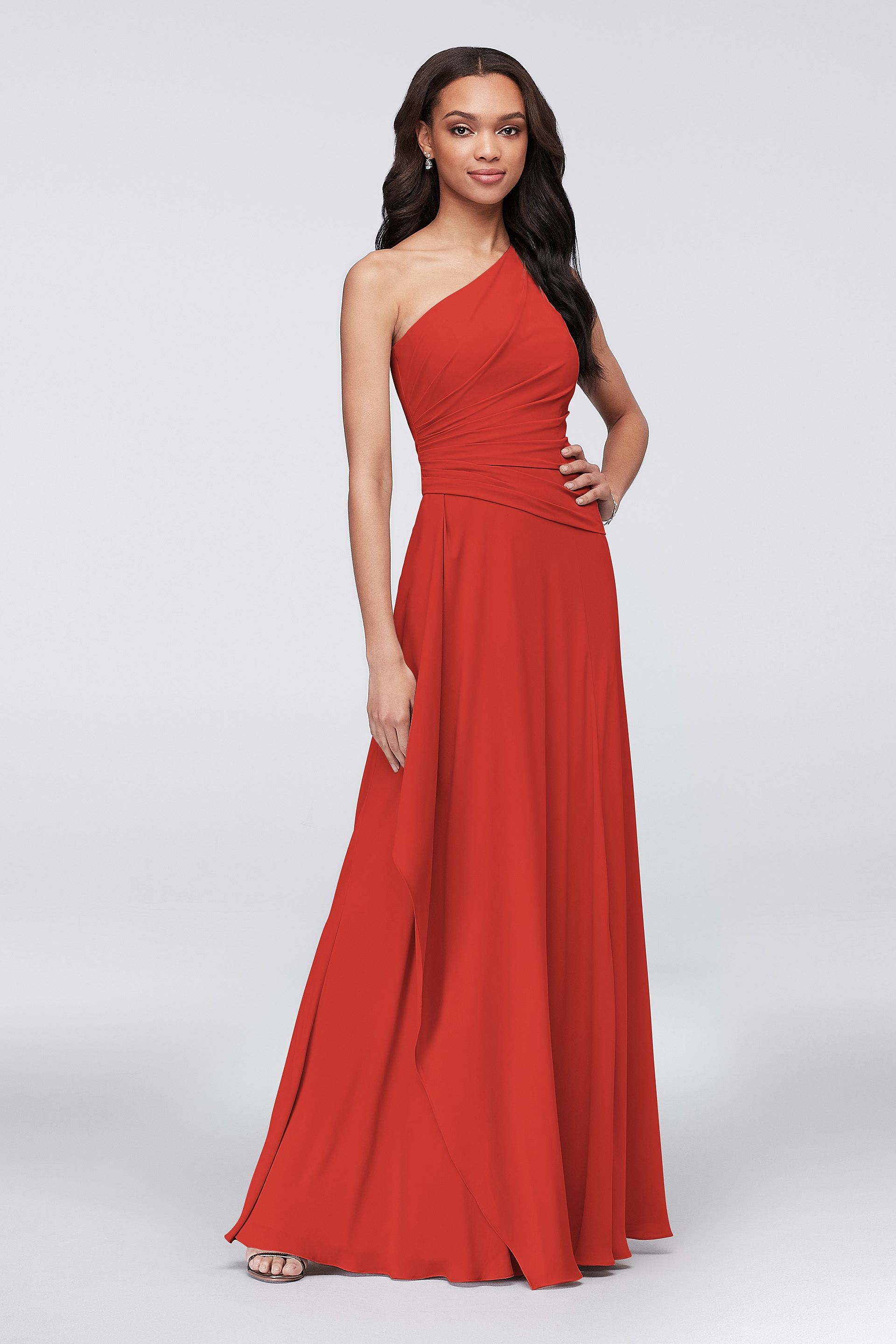 one shoulder georgette cascade bridesmaid dress One-Shoulder Georgette Cascade Bridesmaid Dress