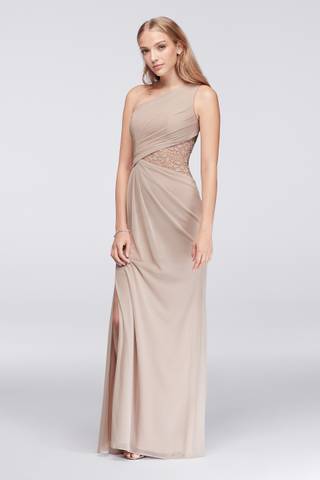 View Celebrate DB Studio One-Shoulder Mesh Dress with Lace Inset in all available color and sizes Picture of One-Shoulder Mesh Dress with Lace Inset