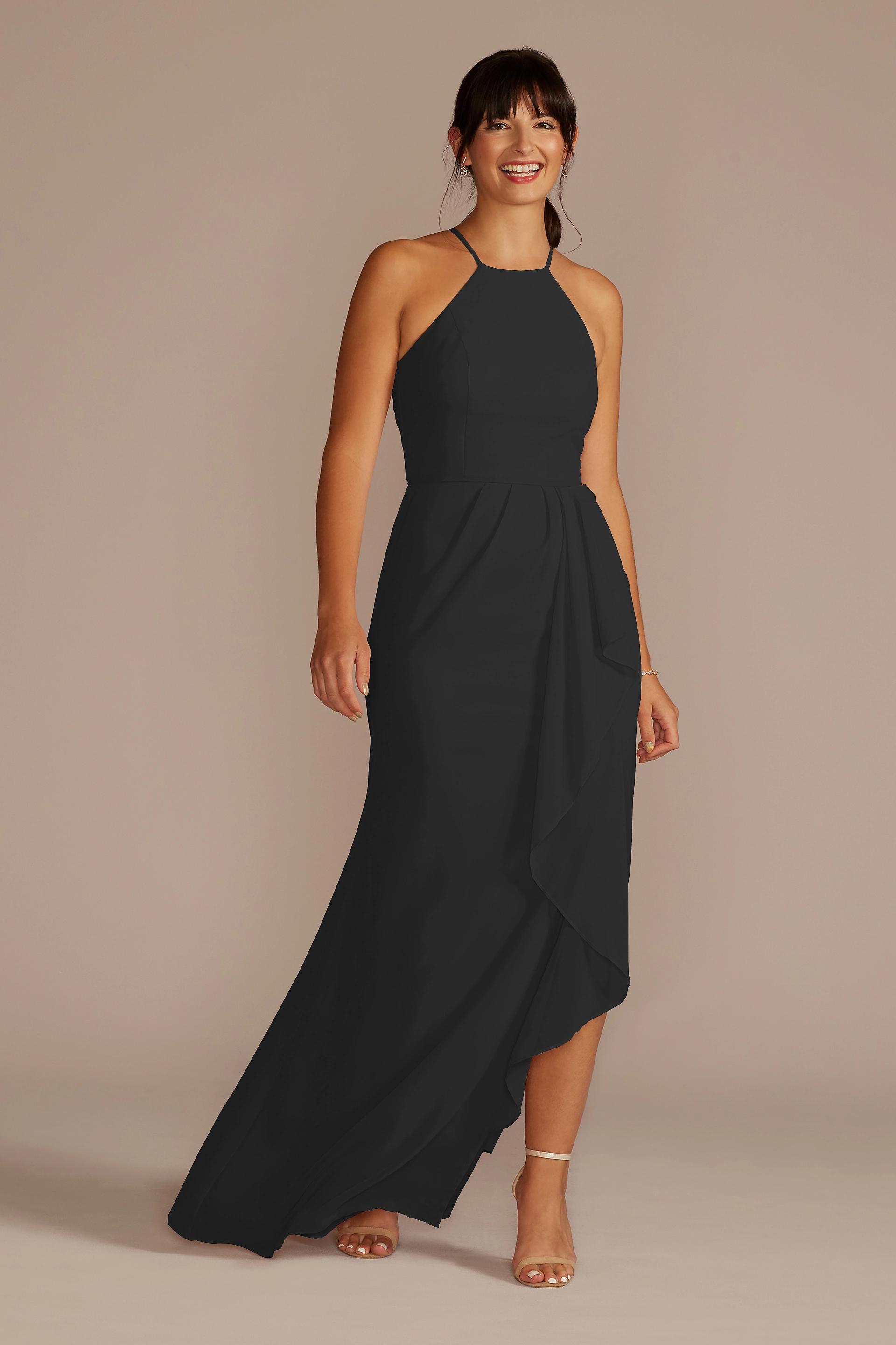 chiffon bridesmaid dress with cascading skirt This chiffon bridesmaid dress has a soft cowl neckline and flutter sleeves that gently highlight the shoulders. The hi-low skirt features an asymmetric cascading ruffle, adding a romantic and flowing silhouette that's