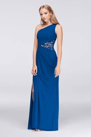 View Celebrate DB Studio One-Shoulder Mesh Dress with Lace Inset in all available color and sizes Picture of One-Shoulder Mesh Dress with Lace Inset