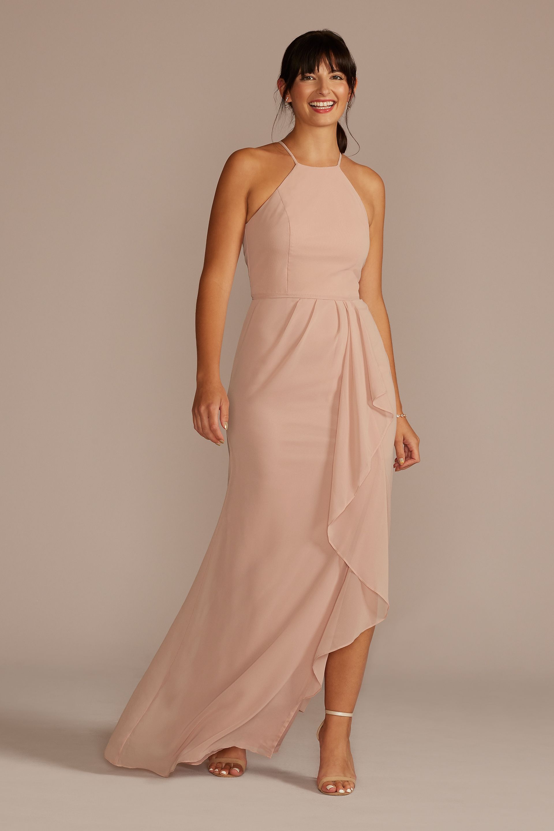 high neck chiffon bridesmaid dress with cascade High-Neck Details Silhouette