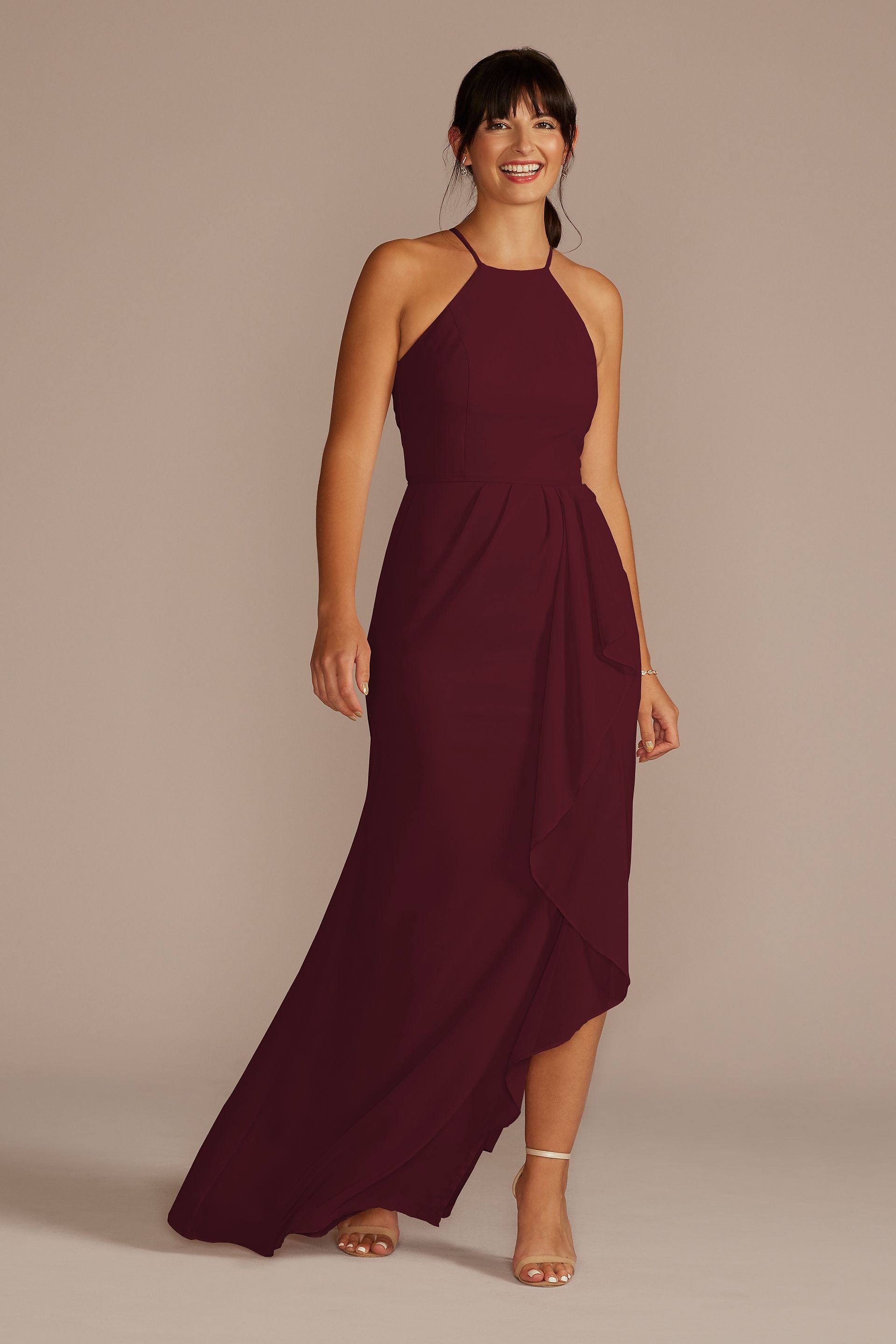 chiffon bridesmaid dress with cascading skirt B223051 Poly Chiffon Cross Over Pleated Bodice with Cascade Sleeves and  Elastic Waistline