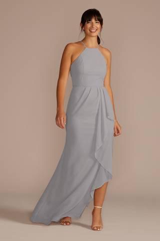 View Celebrate DB Studio High-Neck Chiffon Dress with Cascade in all available color and sizes Picture of High-Neck Chiffon Dress with Cascade