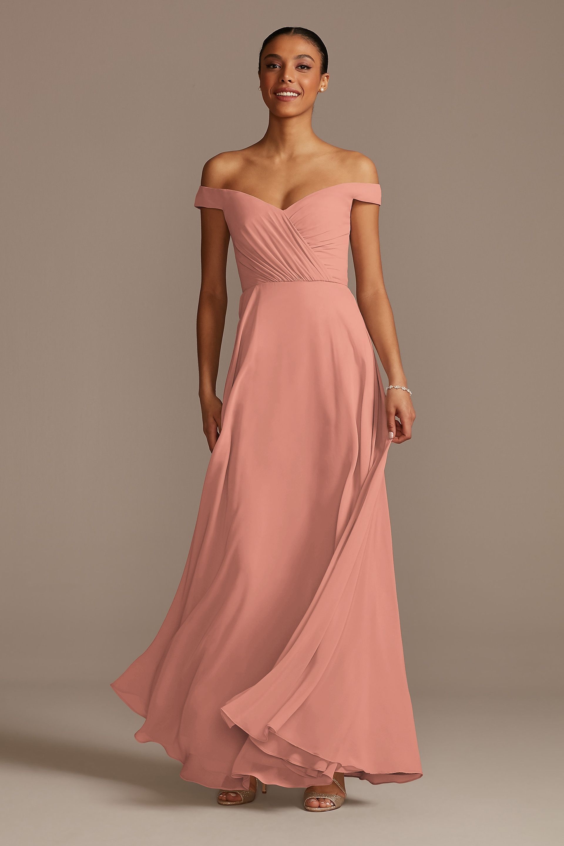 View David's Bridal Off the Shoulder Full Skirt Dress in all available color and sizes Picture of Off the Shoulder Full Skirt Dress