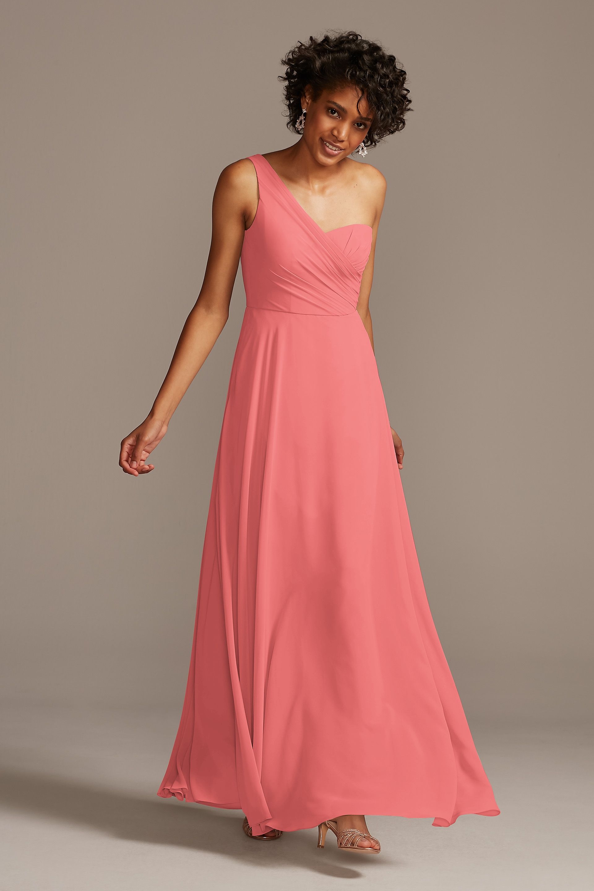 Celebrate DB Studio Full Skirt Bridesmaid Dress With One Shoulder in Coral Reef Size: 2 David's Bridal