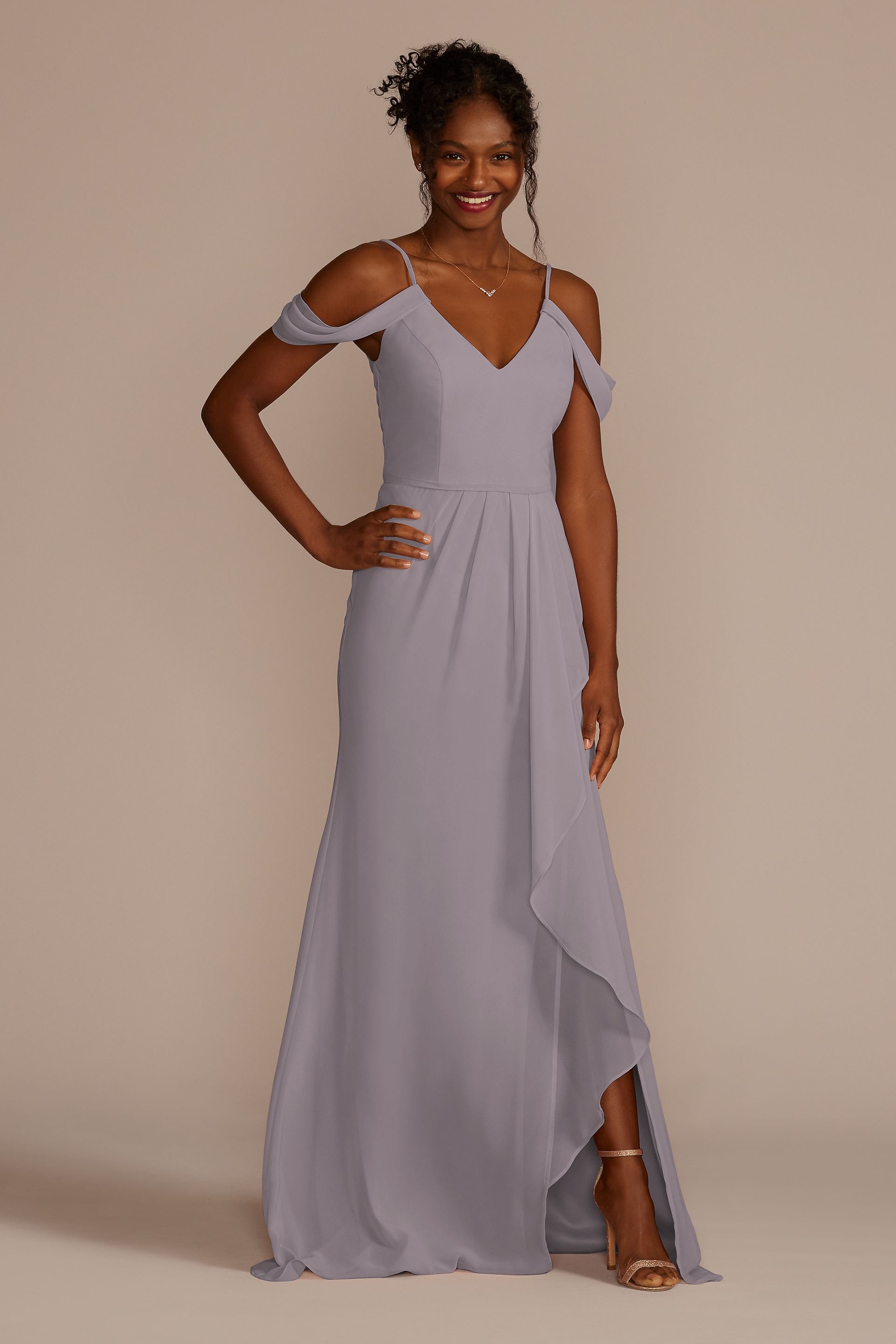 portobello bridesmaid dress Off-the-Shoulder with Cascade Chiffon Color