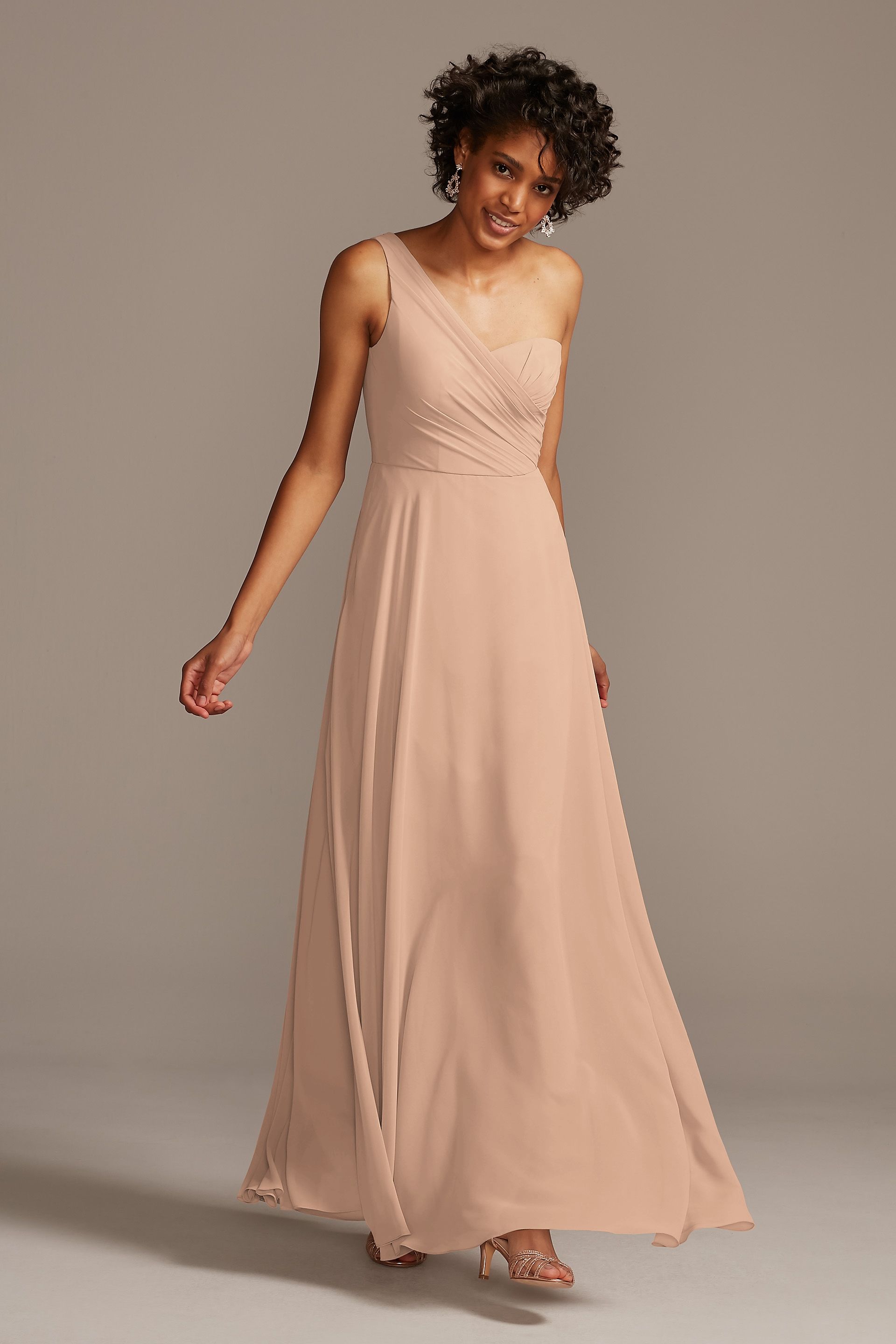 Celebrate DB Studio Full Skirt Dress With One Shoulder in Sand Size: 6 David's Bridal