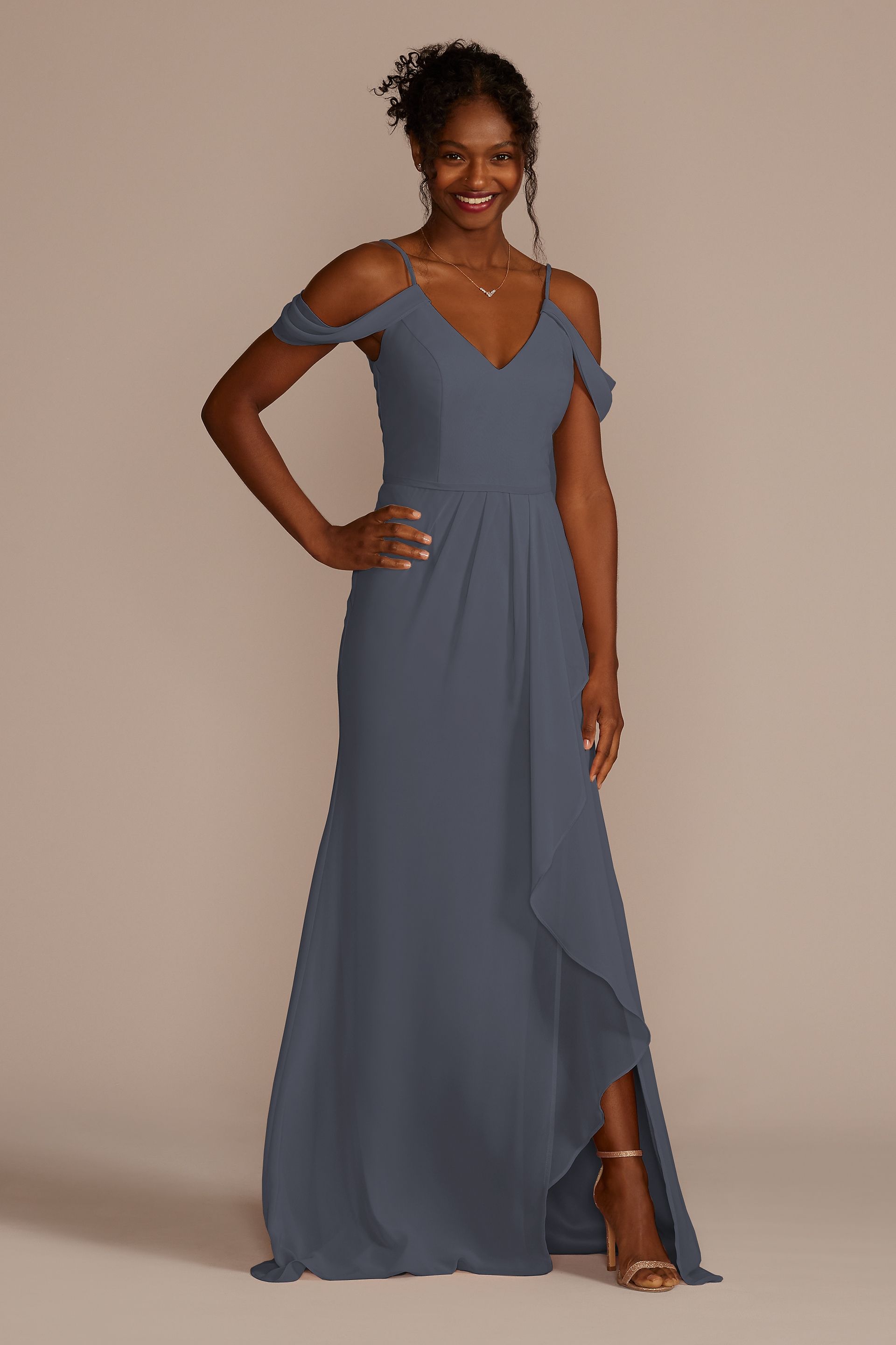pewter junior bridesmaid dresses Off-the-Shoulder Dress with Cascade ZW COLLECTION PLEATED SHIRT apparelR Dry clean Style:Raven with Moon (purple)