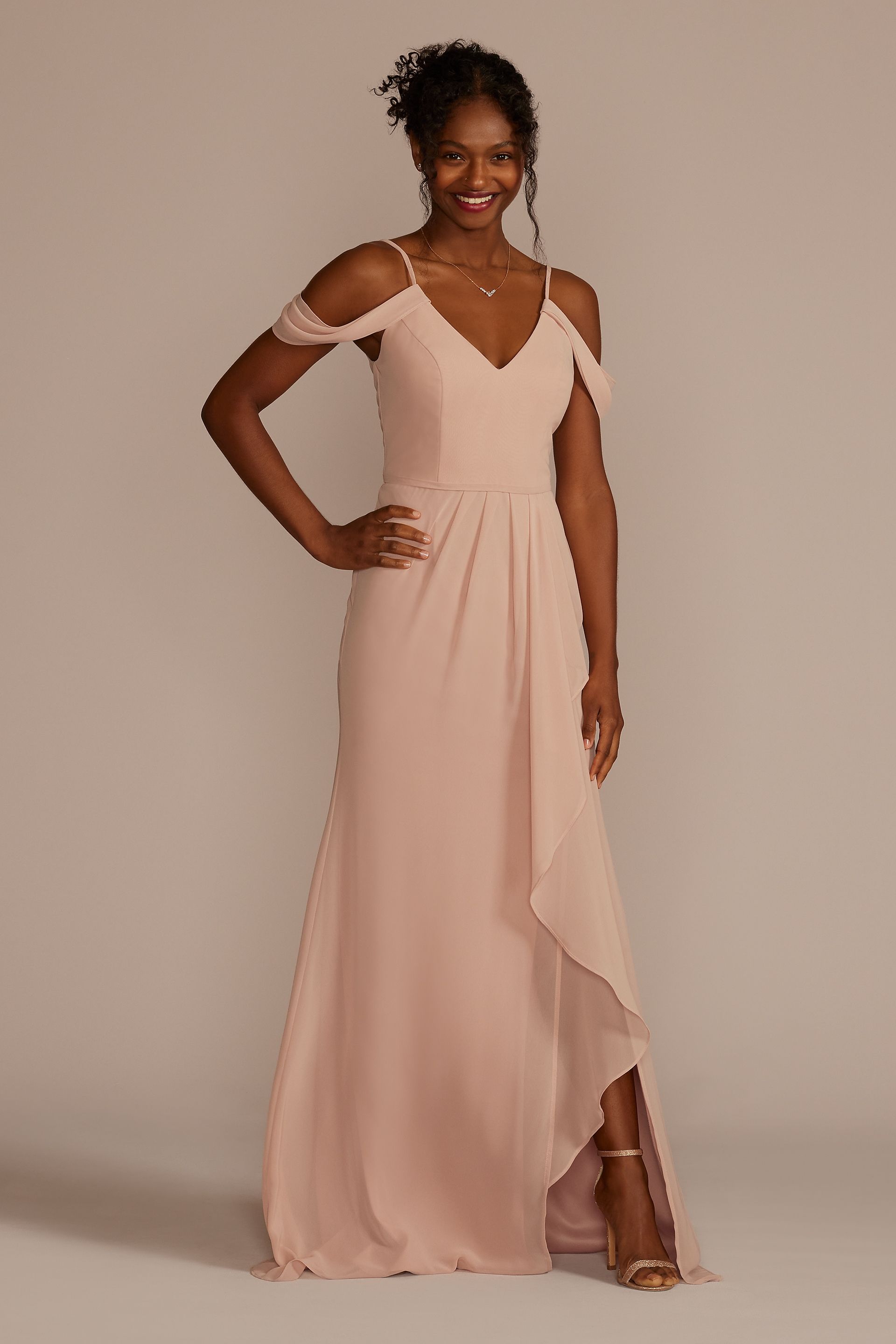 david's bridal off the shoulder bridesmaid dress Off-the-Shoulder with Cascade Yellow bridesmaid dresses