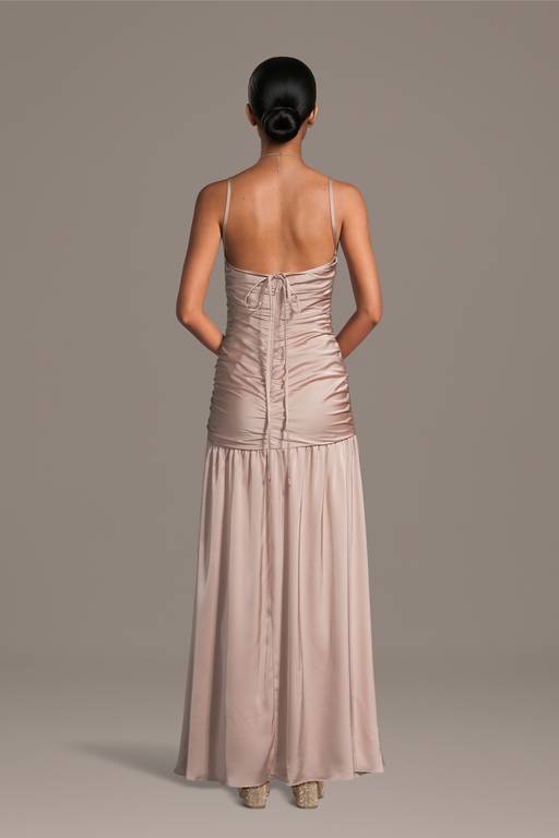 drop waist v dress Satin V-Drop Waist Dress in Slate Green