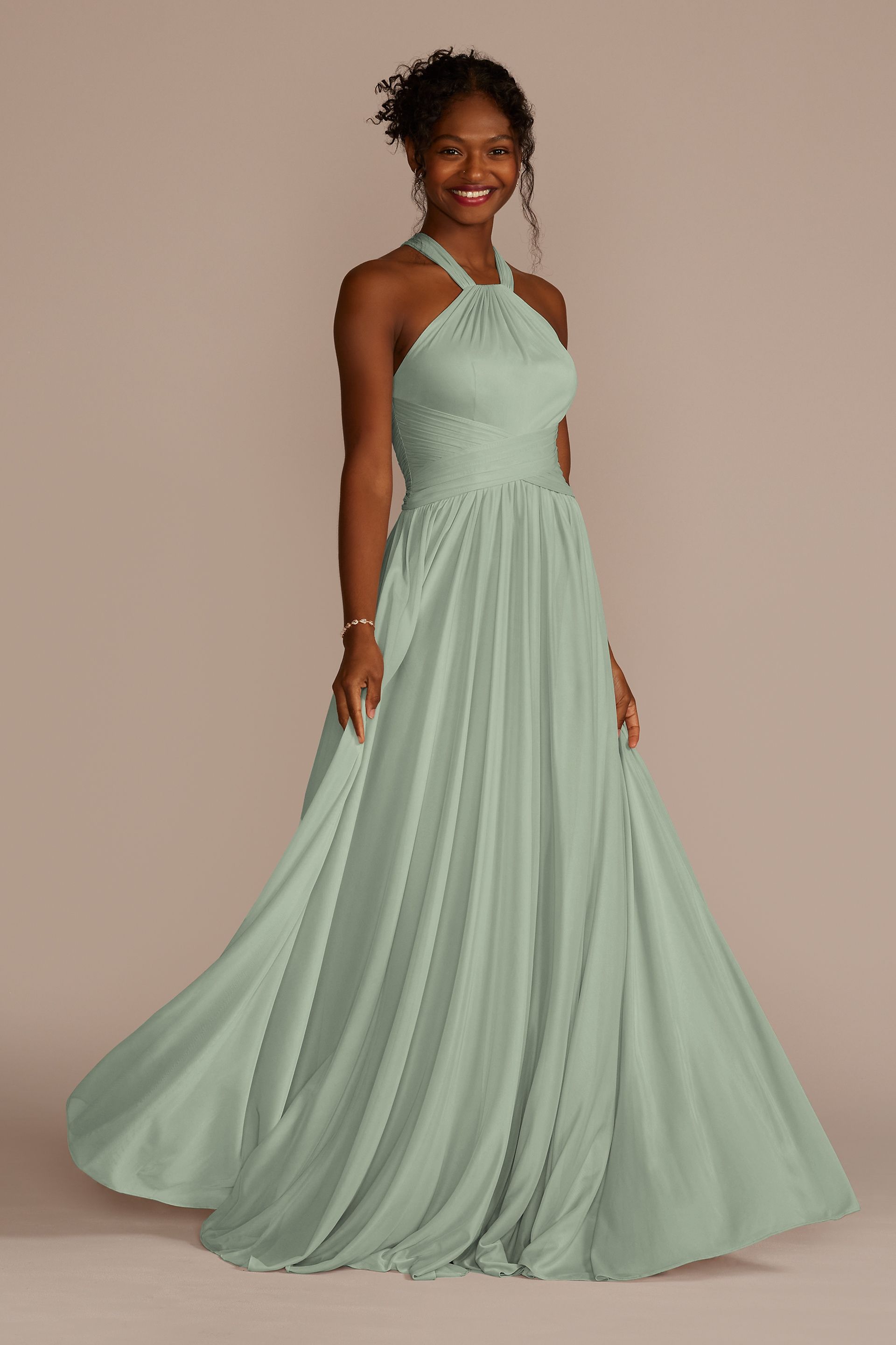 Celebrate DB Studio High-Neck Mesh Bridesmaid Dress With Full Skirt in Dusty Sage Size: 26 David's Bridal